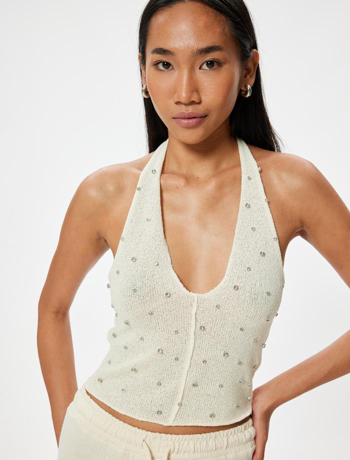  Taşlı Kroşe Halter Yaka Üst Boyundan Bağlamalı