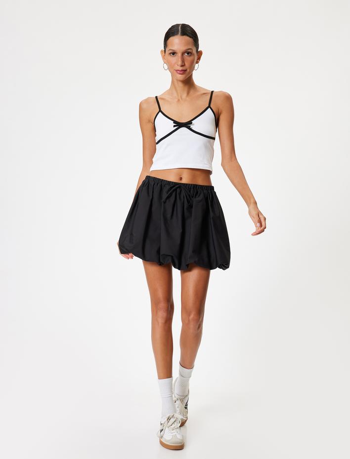  Fiyonk Detaylı Askılı Crop Top Renk Kontrastlı Pamuklu Slim Fit