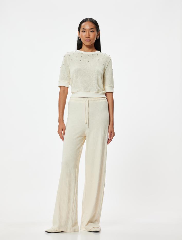  Crop Kroşe Taşlı Tişört Kısa Kollu Yuvarlak Yaka