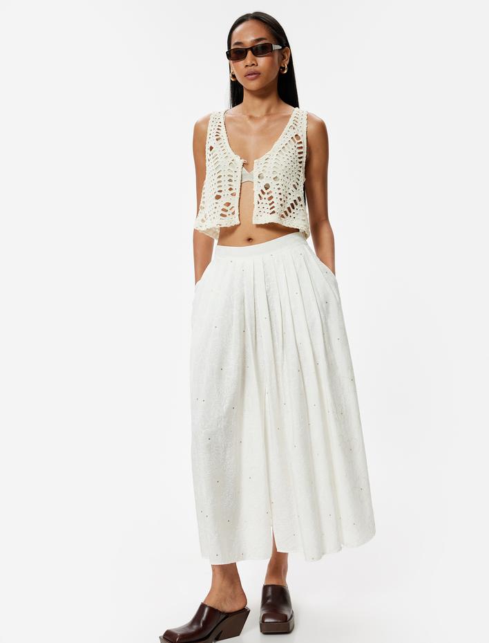  Uzun Kloş Etek Pileli Yırtmaç Detaylı Cepli Çiçekli Viskon Kumaş