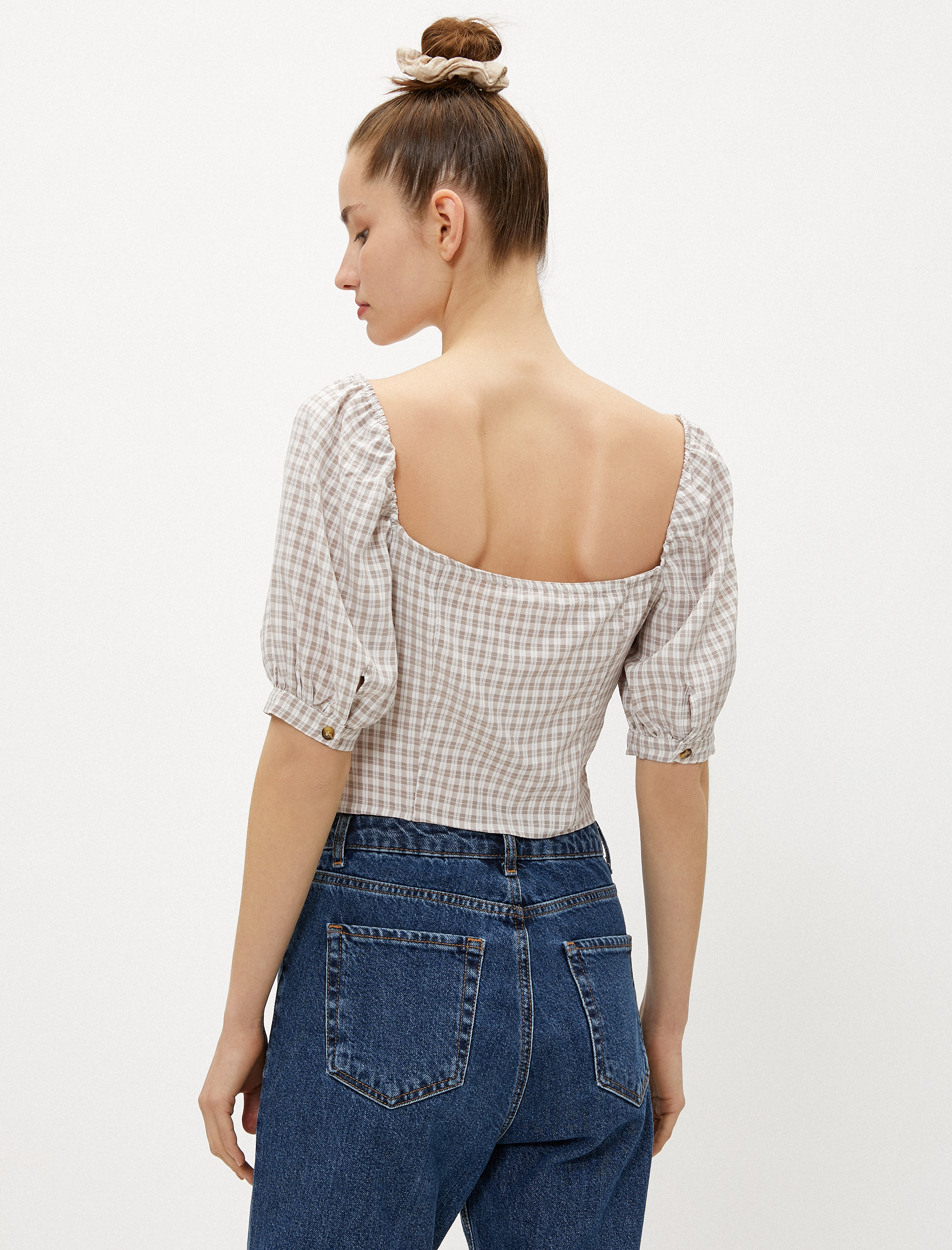   Balon Kollu Bluz Kareli Düğmeli Kare Yaka