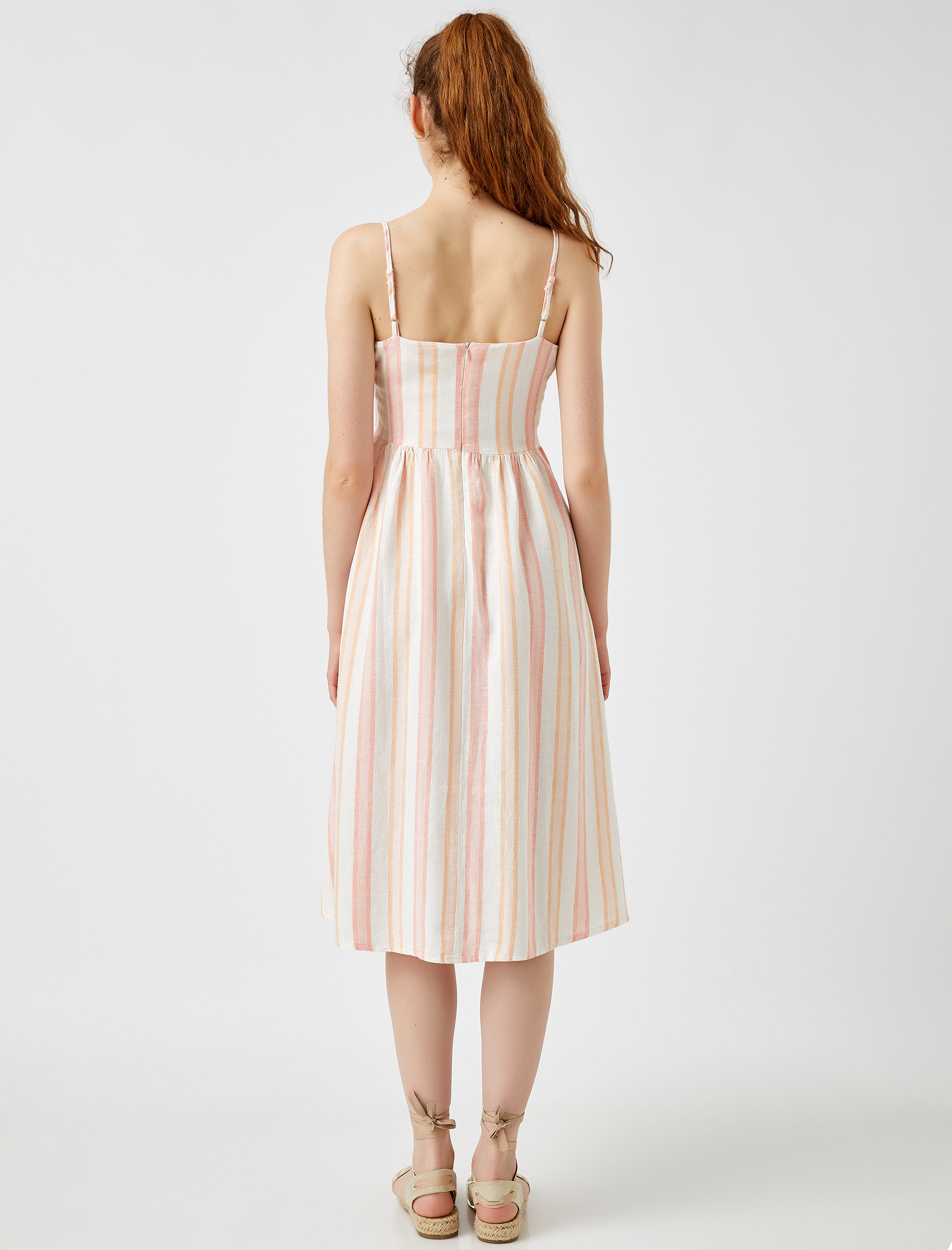 Keten Elbise Düğme Detaylı