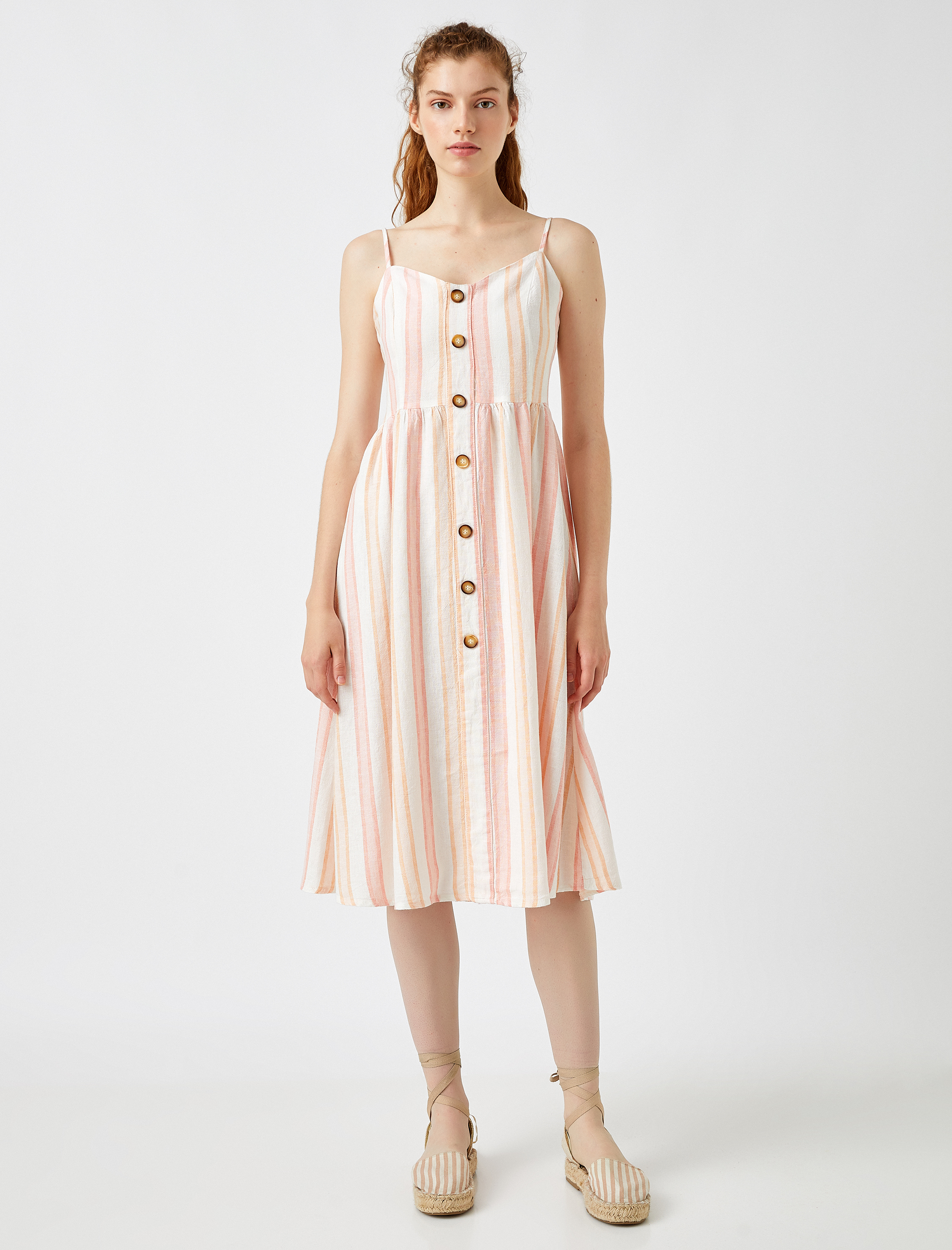 Keten Elbise Düğme Detaylı