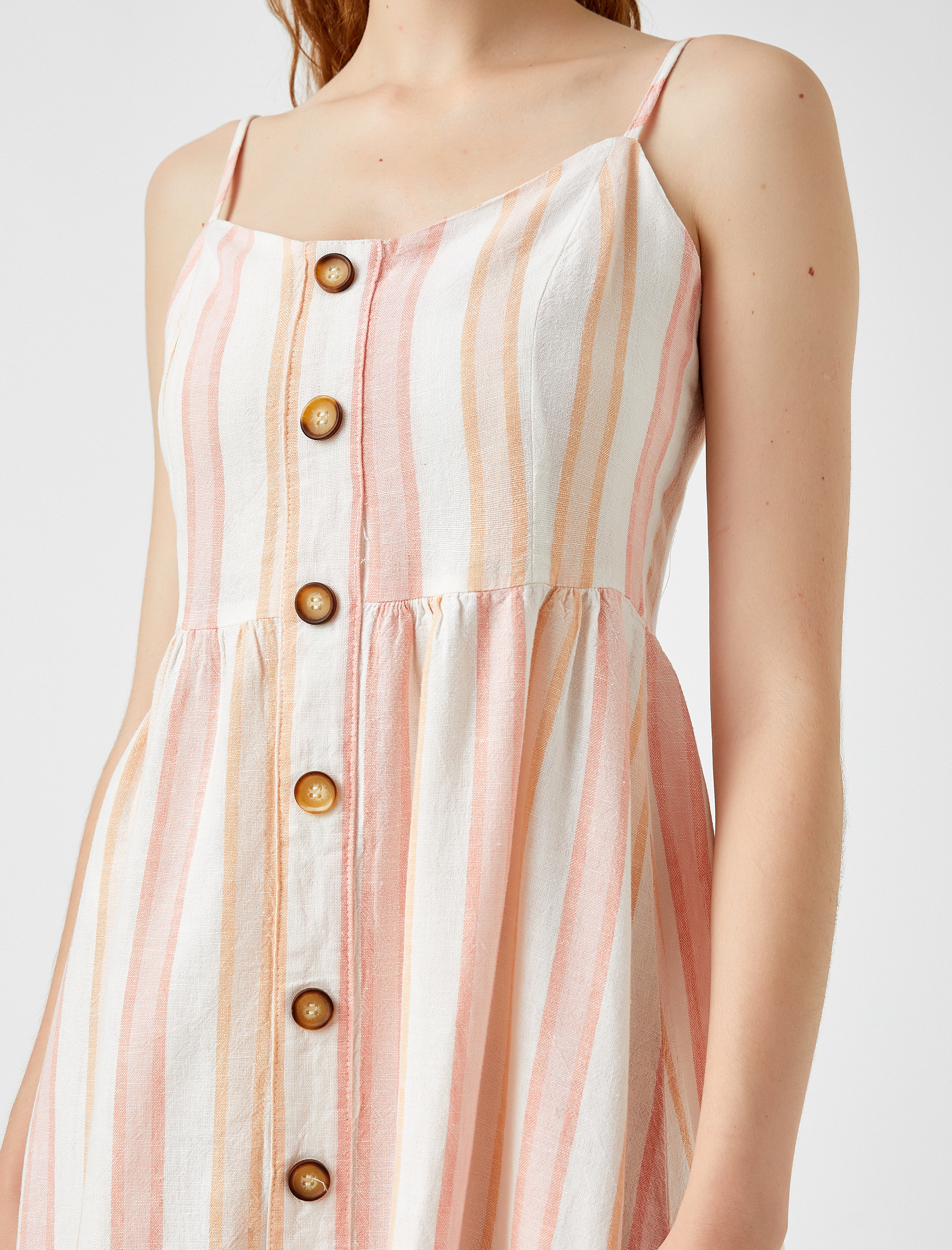 Keten Elbise Düğme Detaylı