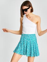 Çiçekli Mini Etek Beli Lastikli Fırfırlı