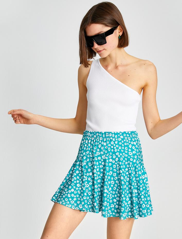  Çiçekli Mini Etek Beli Lastikli Fırfırlı