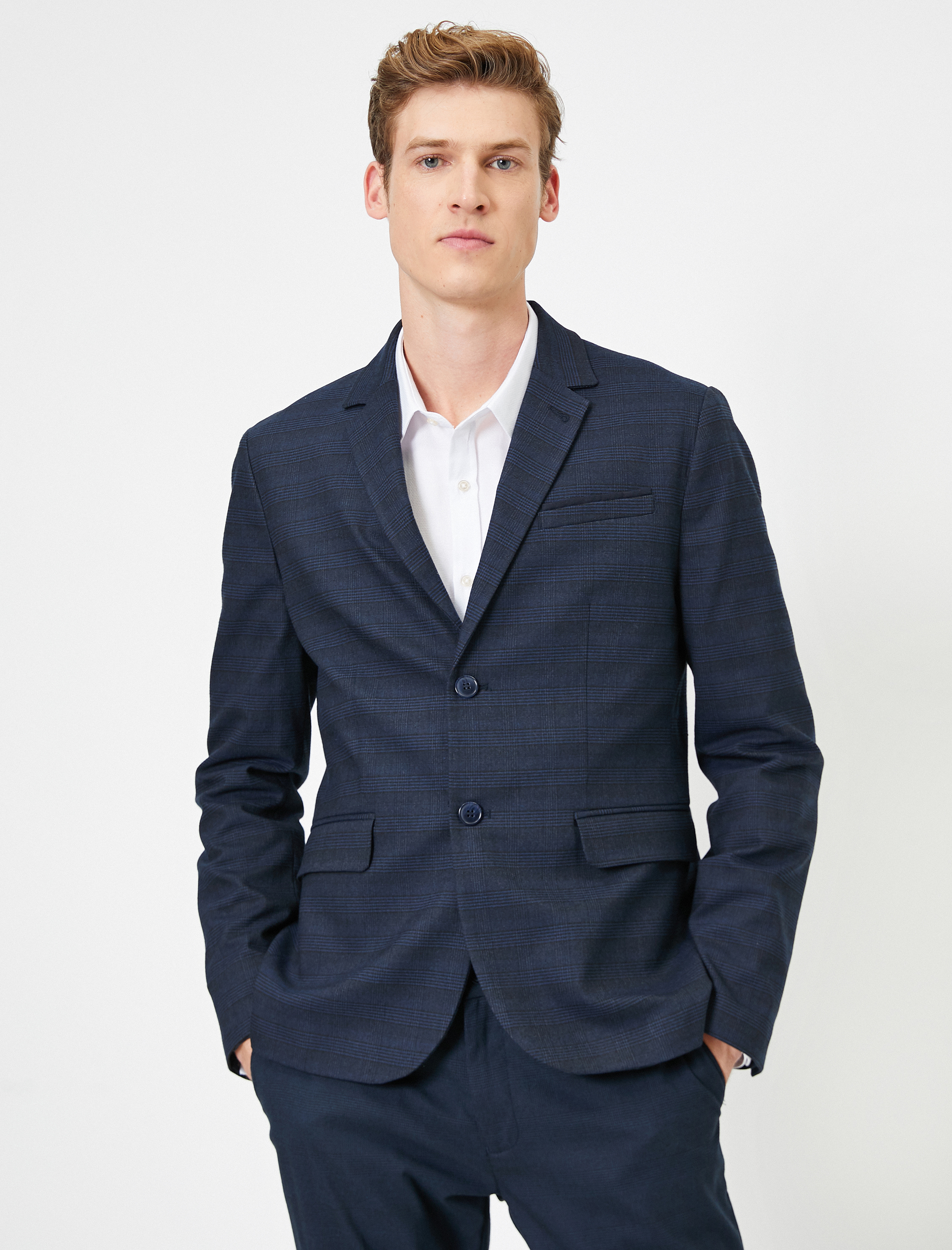   Cep Detaylı Düğmeli Kareli Blazer Ceket