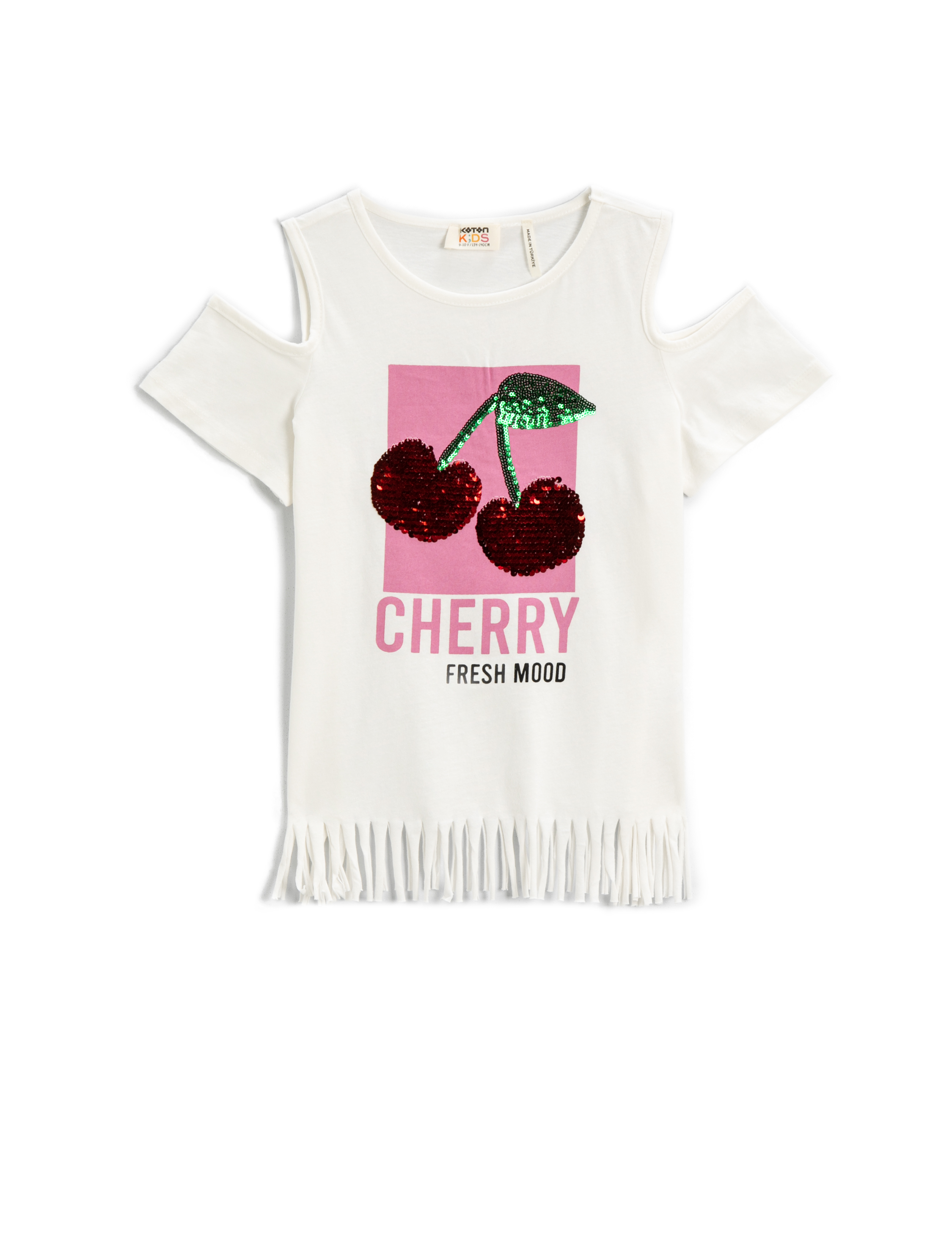  Kız Çocuk Omzu Pencere Detaylı Püsküllü Tişört Kiraz Desenli Pullu Payetli Pamuklu