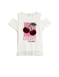 Omzu Pencere Detaylı Püsküllü Tişört Kiraz Desenli Pullu Payetli Pamuklu