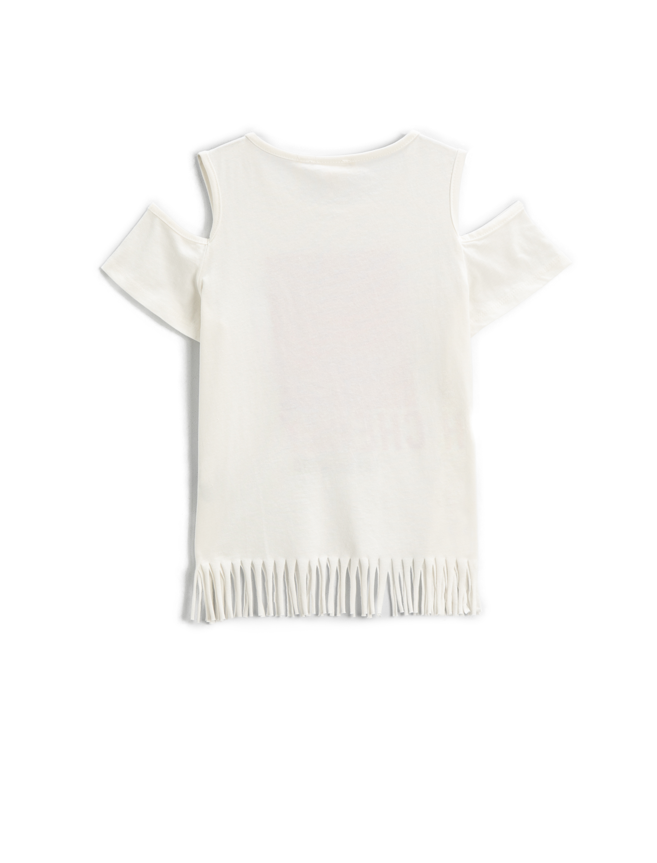  Kız Çocuk Omzu Pencere Detaylı Püsküllü Tişört Kiraz Desenli Pullu Payetli Pamuklu