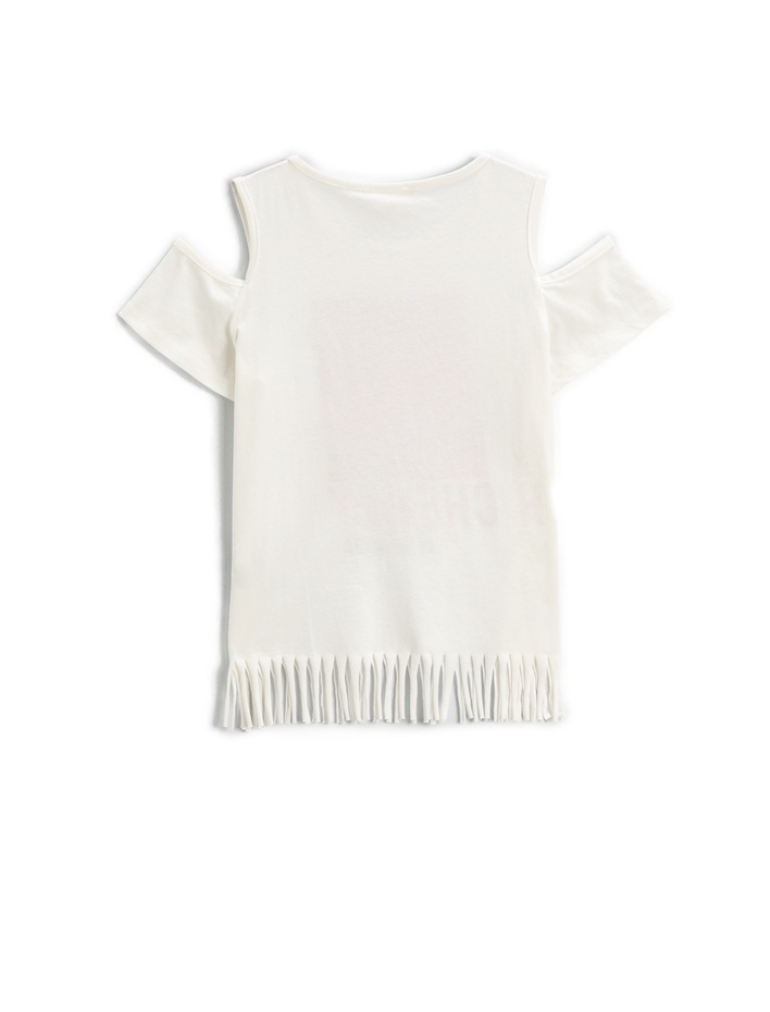 Kız Çocuk Omzu Pencere Detaylı Püsküllü Tişört Kiraz Desenli Pullu Payetli Pamuklu