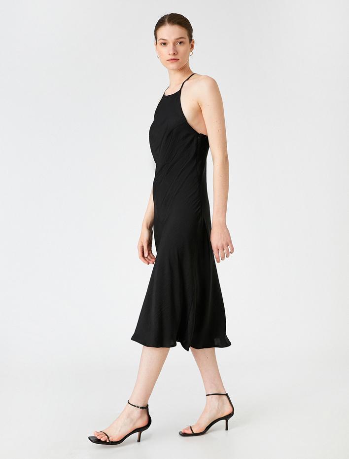  Midi Boy Elbise Halter Yaka A Kesim Saten Görünümlü