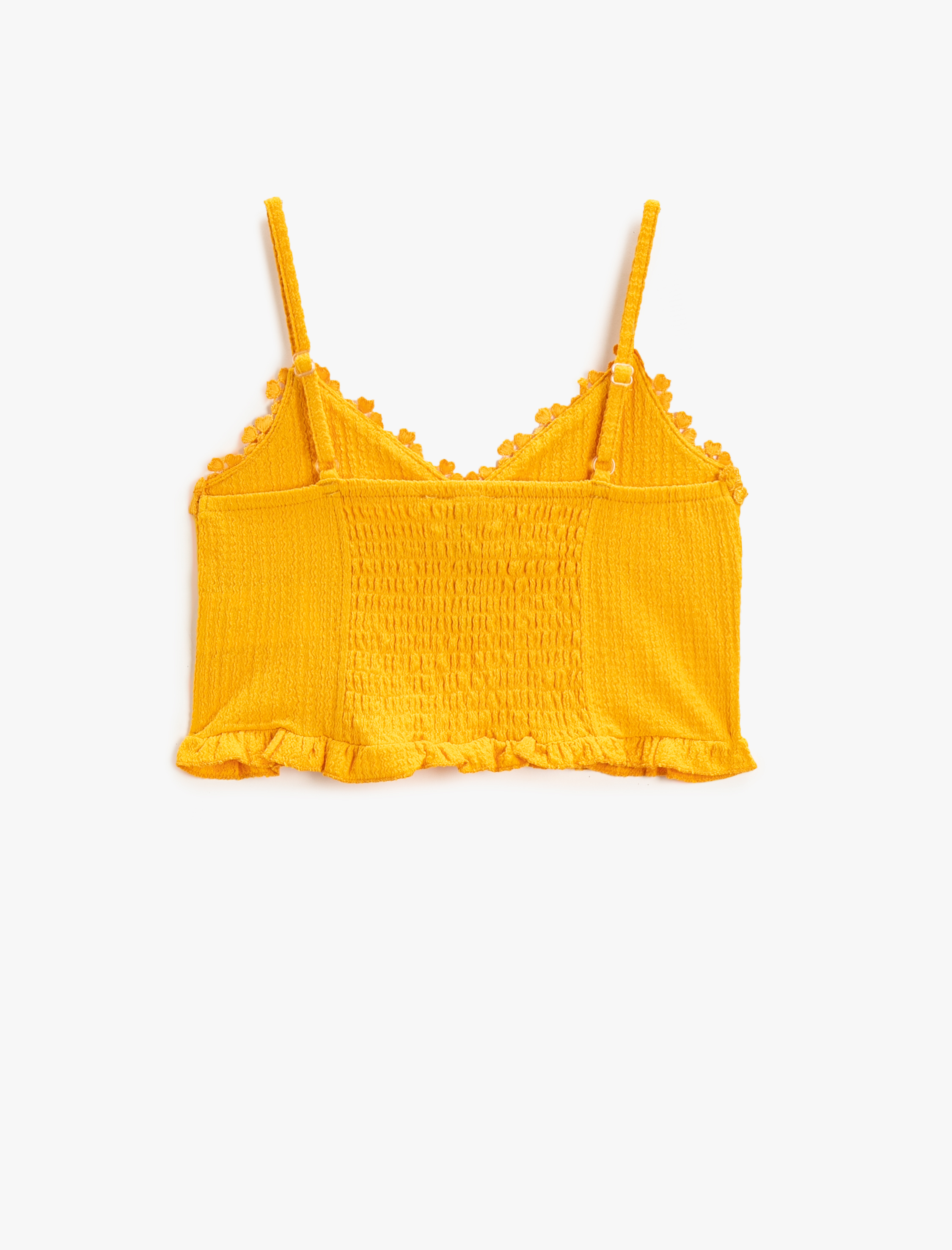  Kız Çocuk Dokulu Askılı Crop Üst Fırfırlı Çiçek Küpür Detaylı