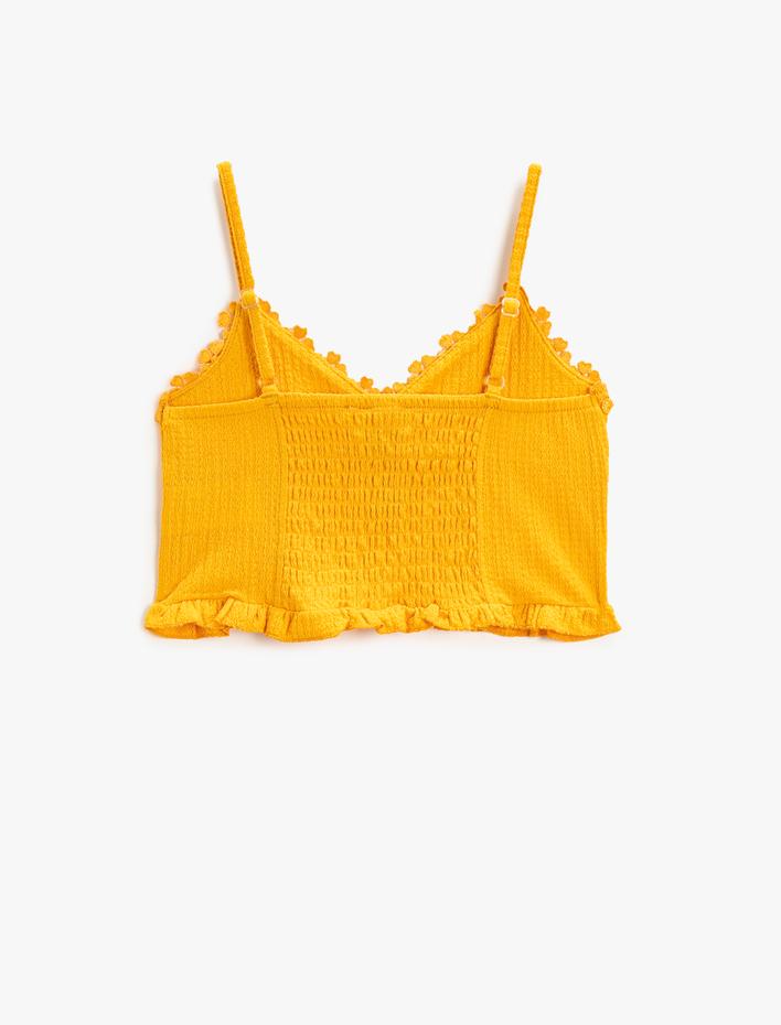 Kız Çocuk Dokulu Askılı Crop Üst Fırfırlı Çiçek Küpür Detaylı