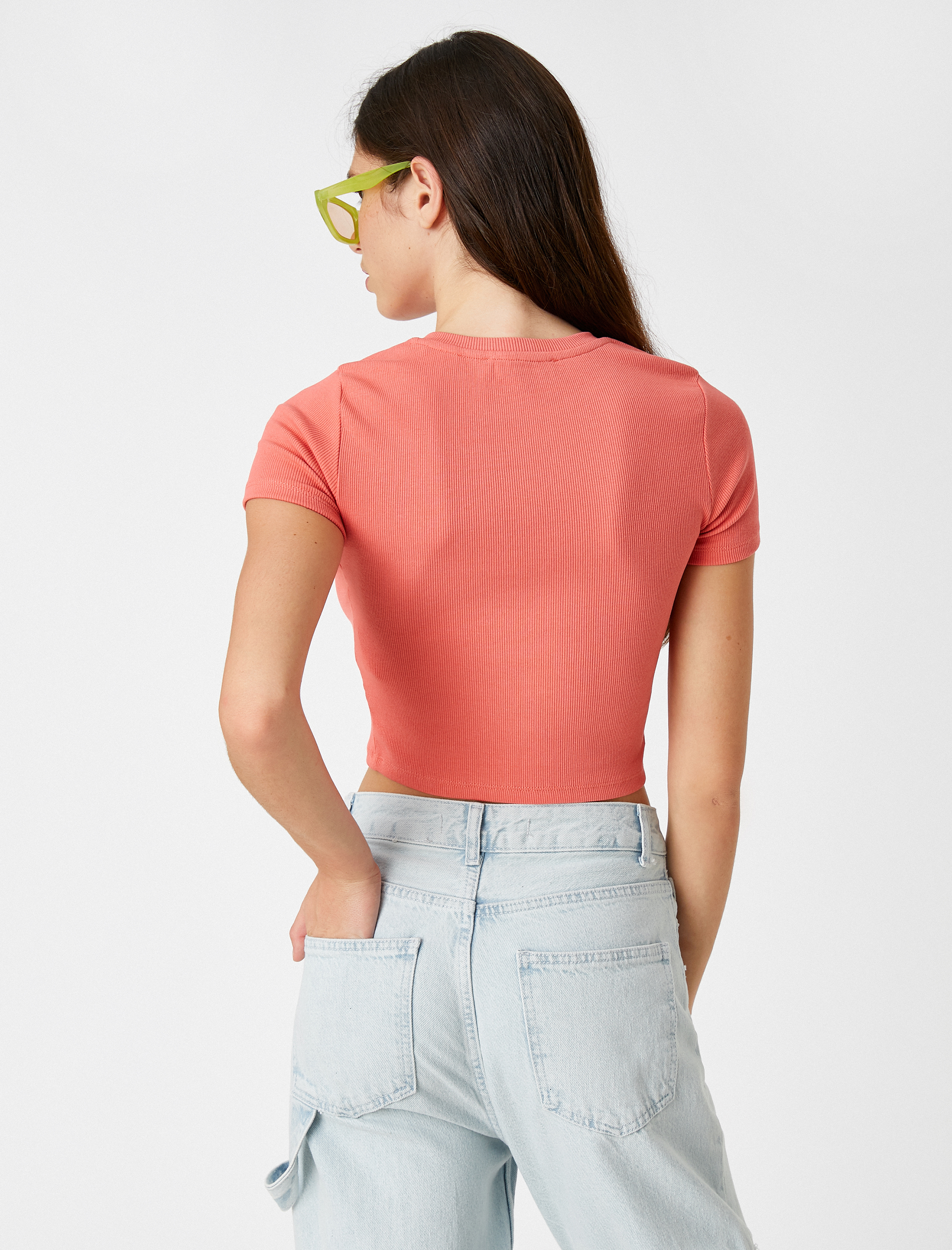   Baskılı Crop Tişört Bisiklet Yaka