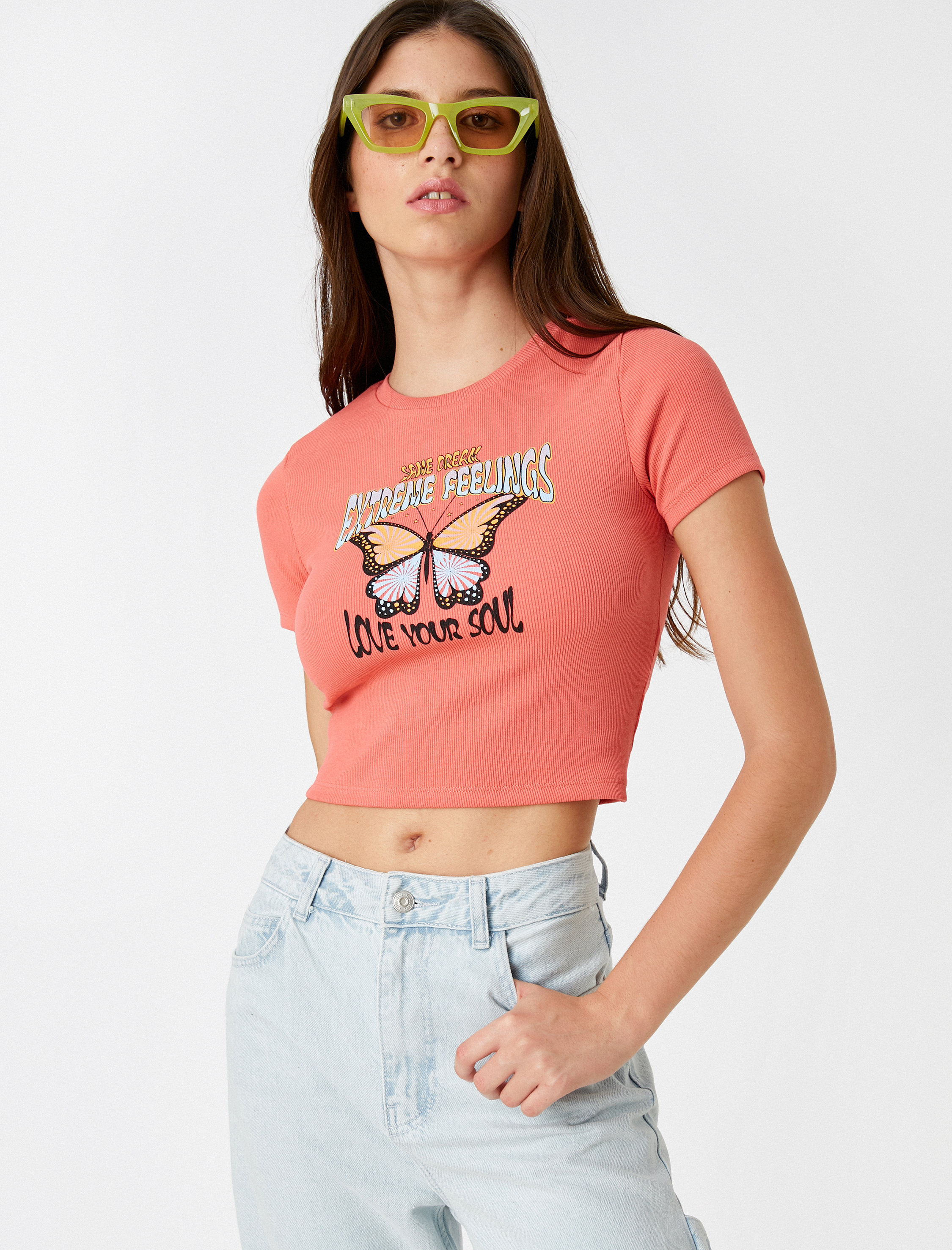   Baskılı Crop Tişört Bisiklet Yaka