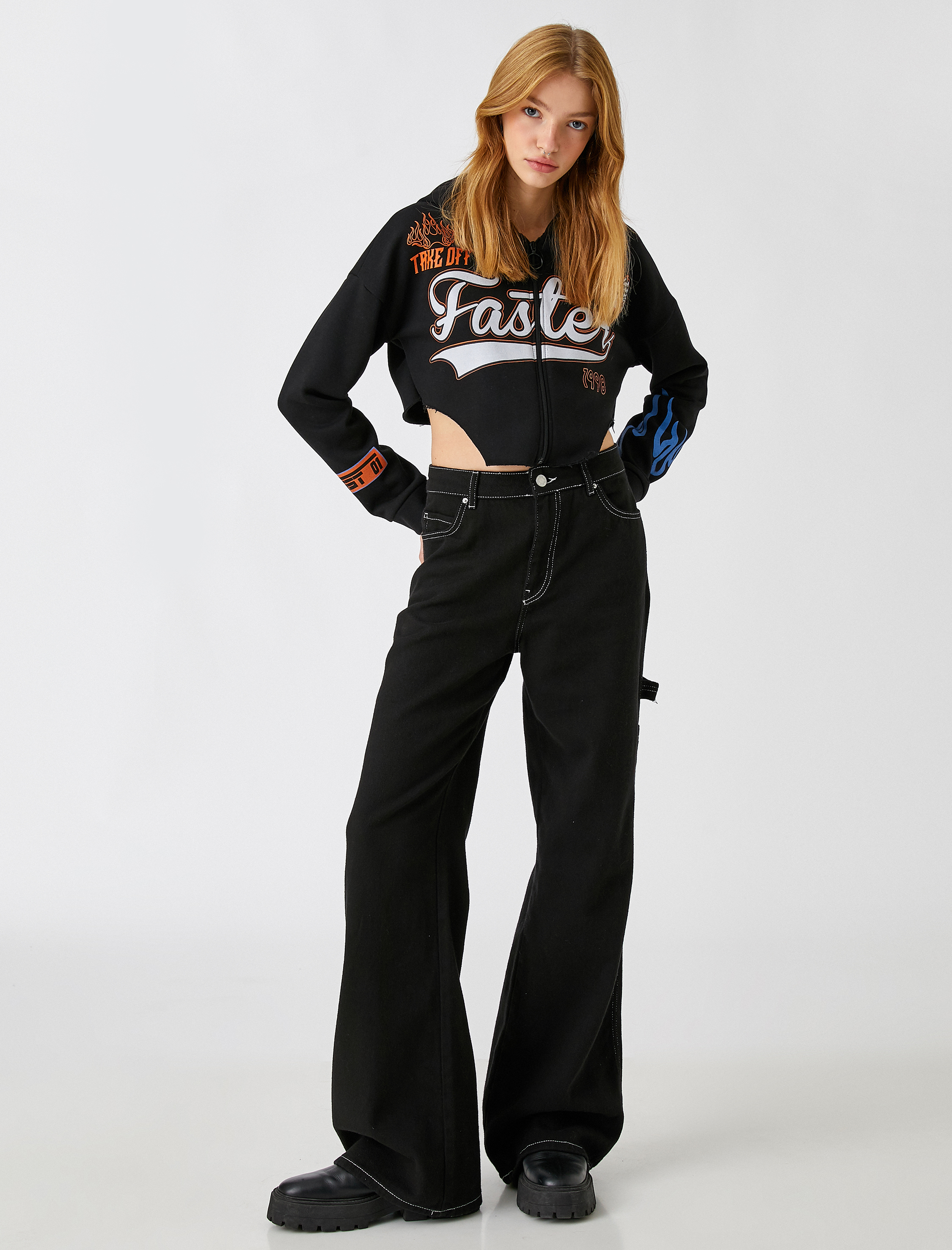   Crop Sweatshirt Fermuarlı Baskılı İçi Polarlı