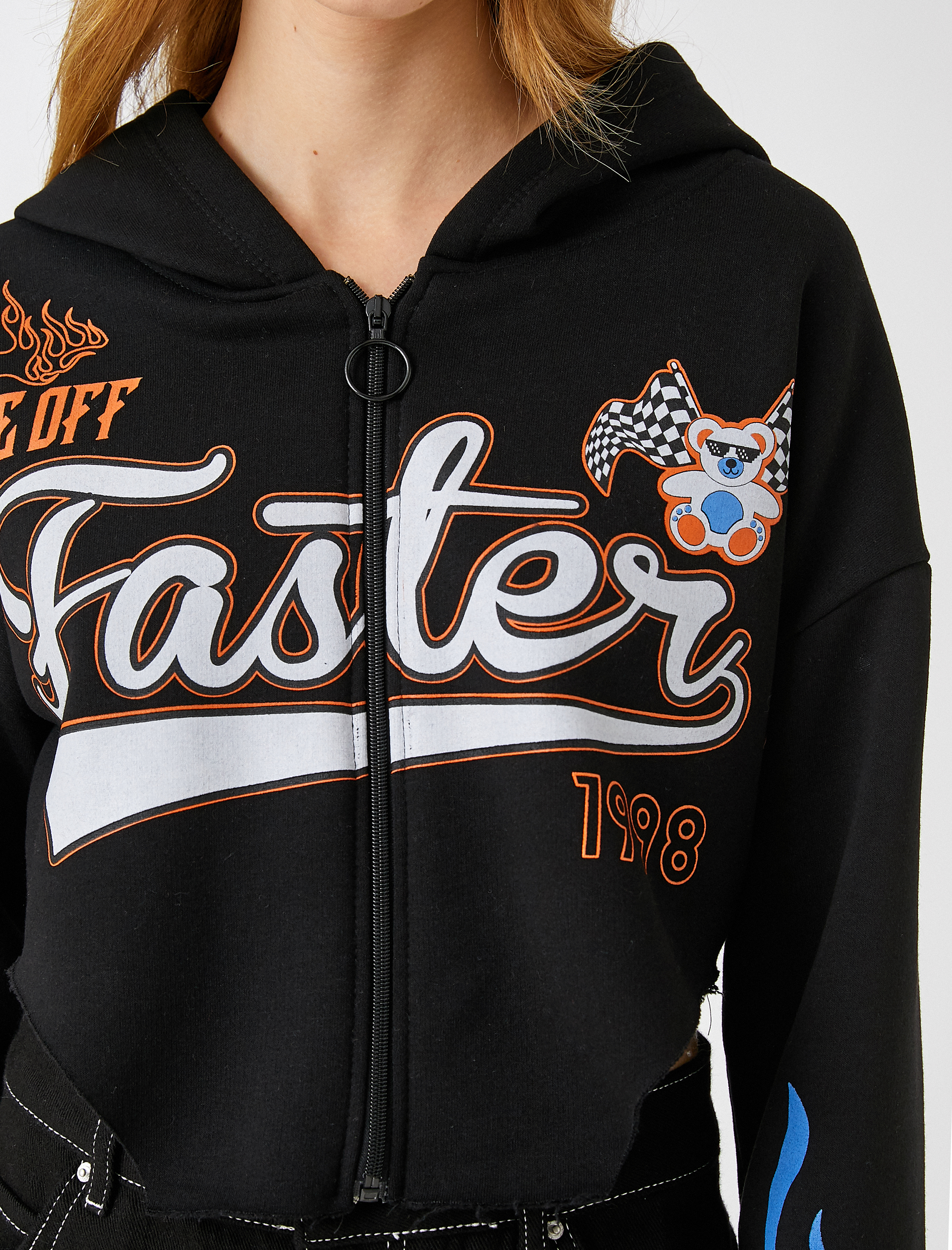   Crop Sweatshirt Fermuarlı Baskılı İçi Polarlı