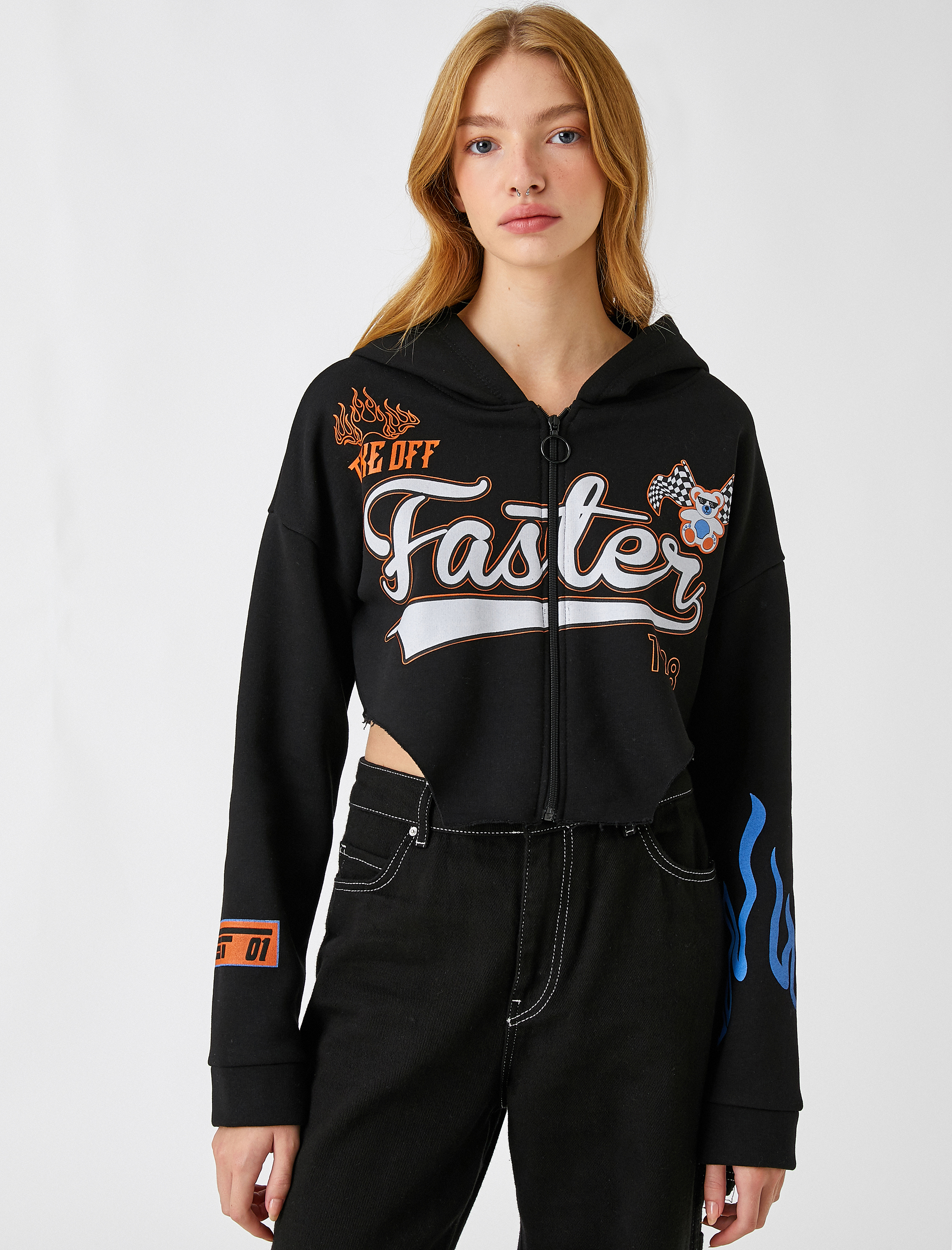   Crop Sweatshirt Fermuarlı Baskılı İçi Polarlı