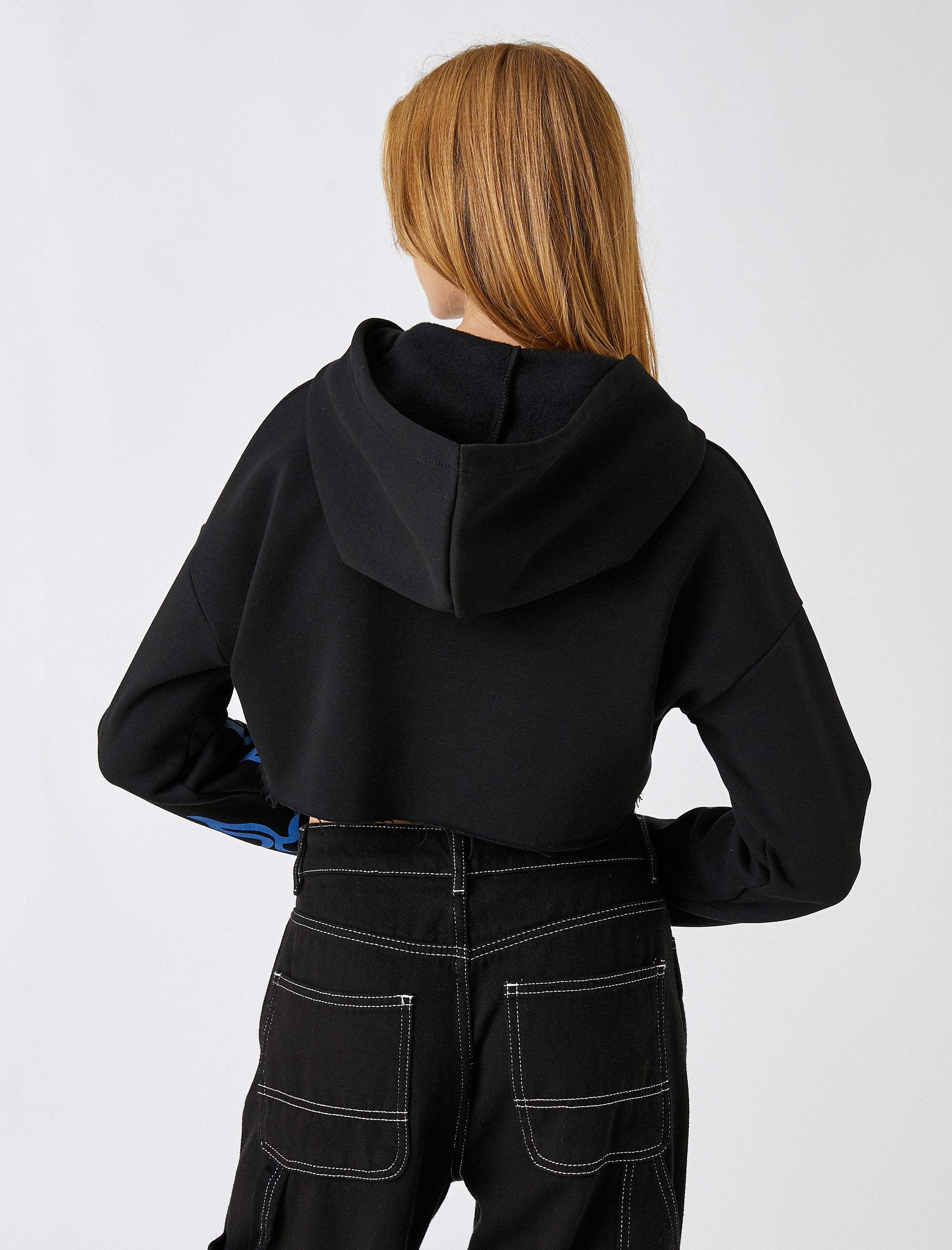   Crop Sweatshirt Fermuarlı Baskılı İçi Polarlı