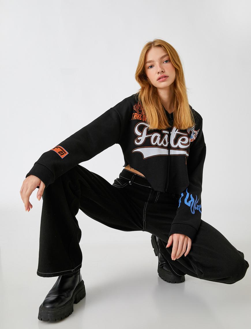   Crop Sweatshirt Fermuarlı Baskılı İçi Polarlı