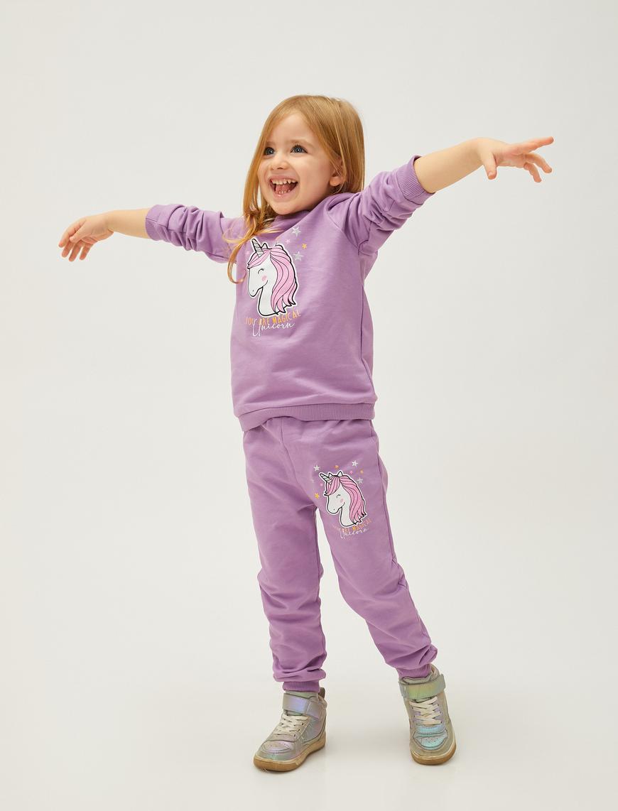  Kız Bebek Unicorn Baskılı Jogger Eşofman Altı Beli Lastikli Pamuklu Şardonlu