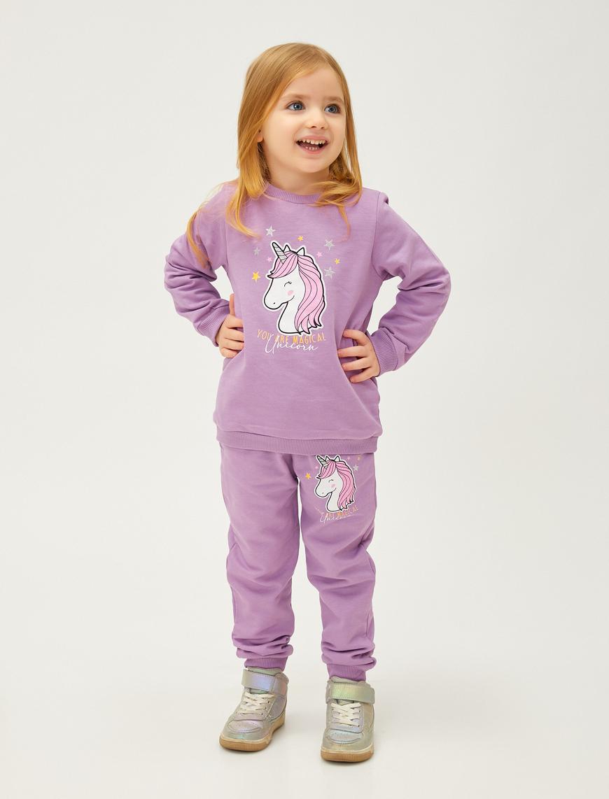  Kız Bebek Unicorn Baskılı Jogger Eşofman Altı Beli Lastikli Pamuklu Şardonlu