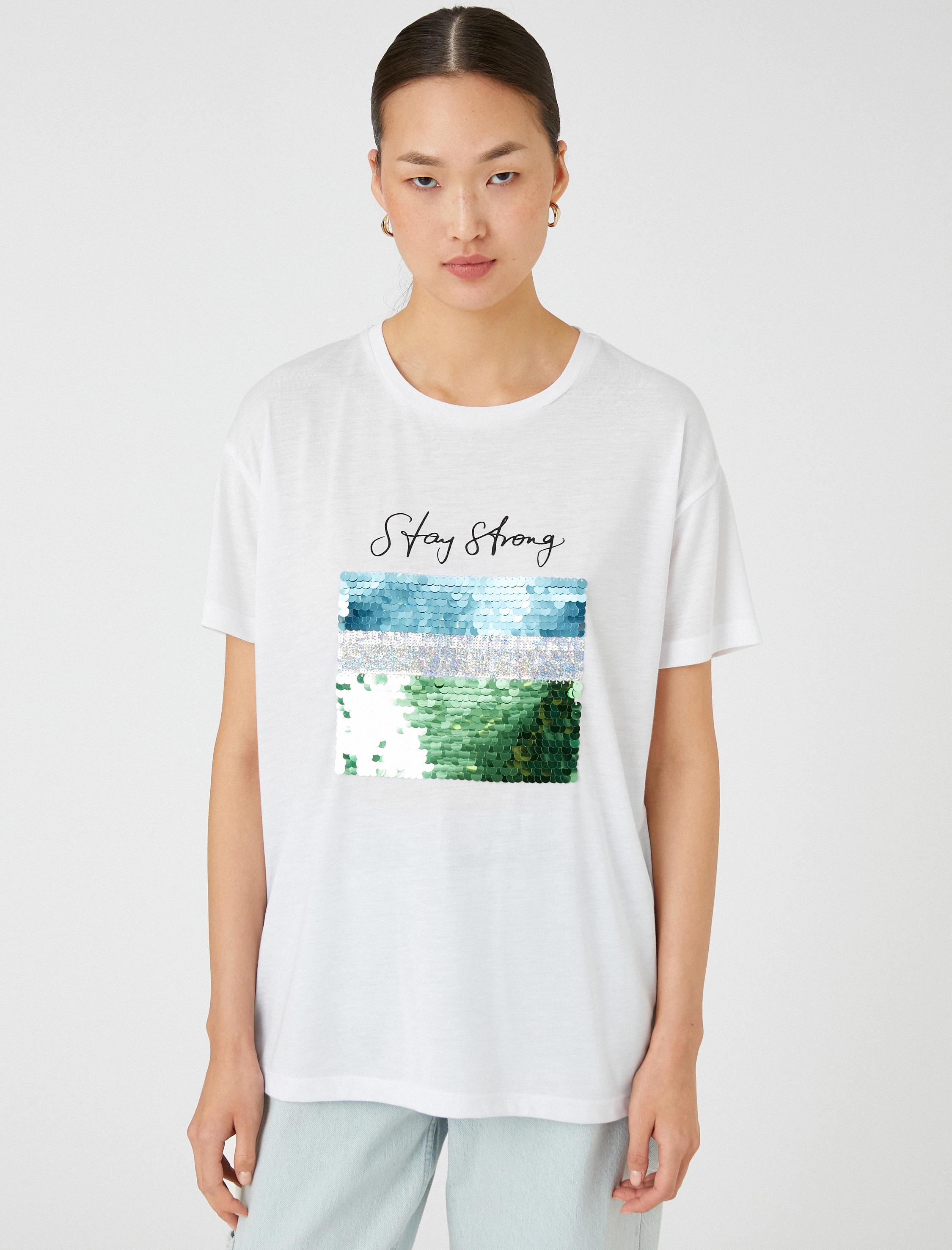   Payetli Yazı Baskılı Tişört Bisiklet Yaka Kısa Kollu