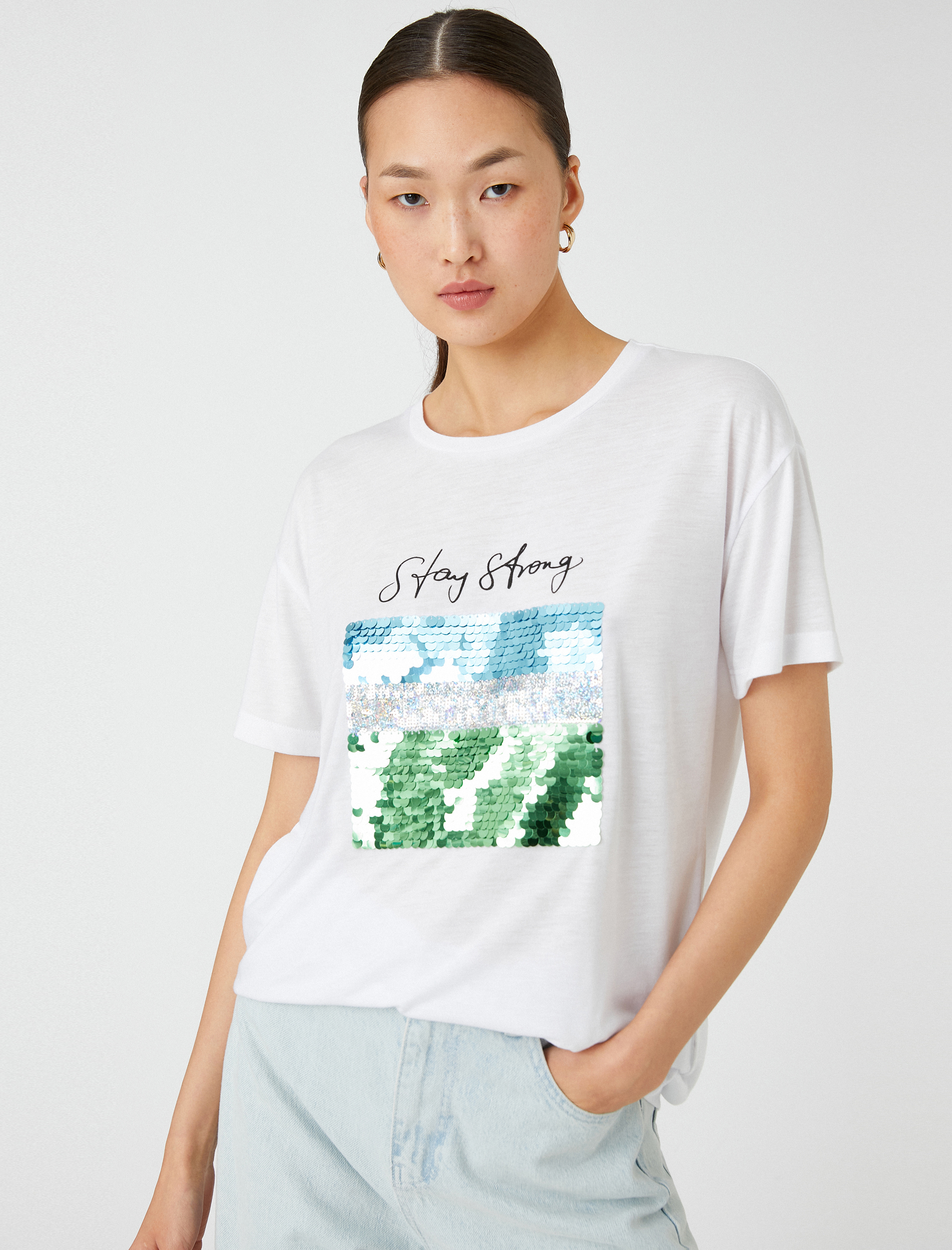   Payetli Yazı Baskılı Tişört Bisiklet Yaka Kısa Kollu