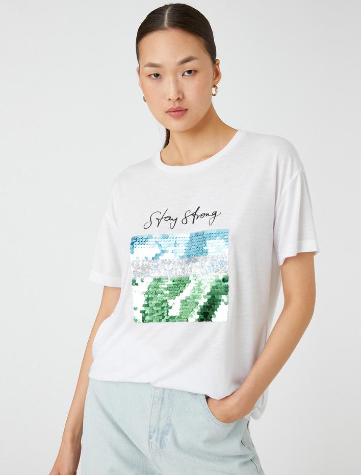  Payetli Yazı Baskılı Tişört Bisiklet Yaka Kısa Kollu