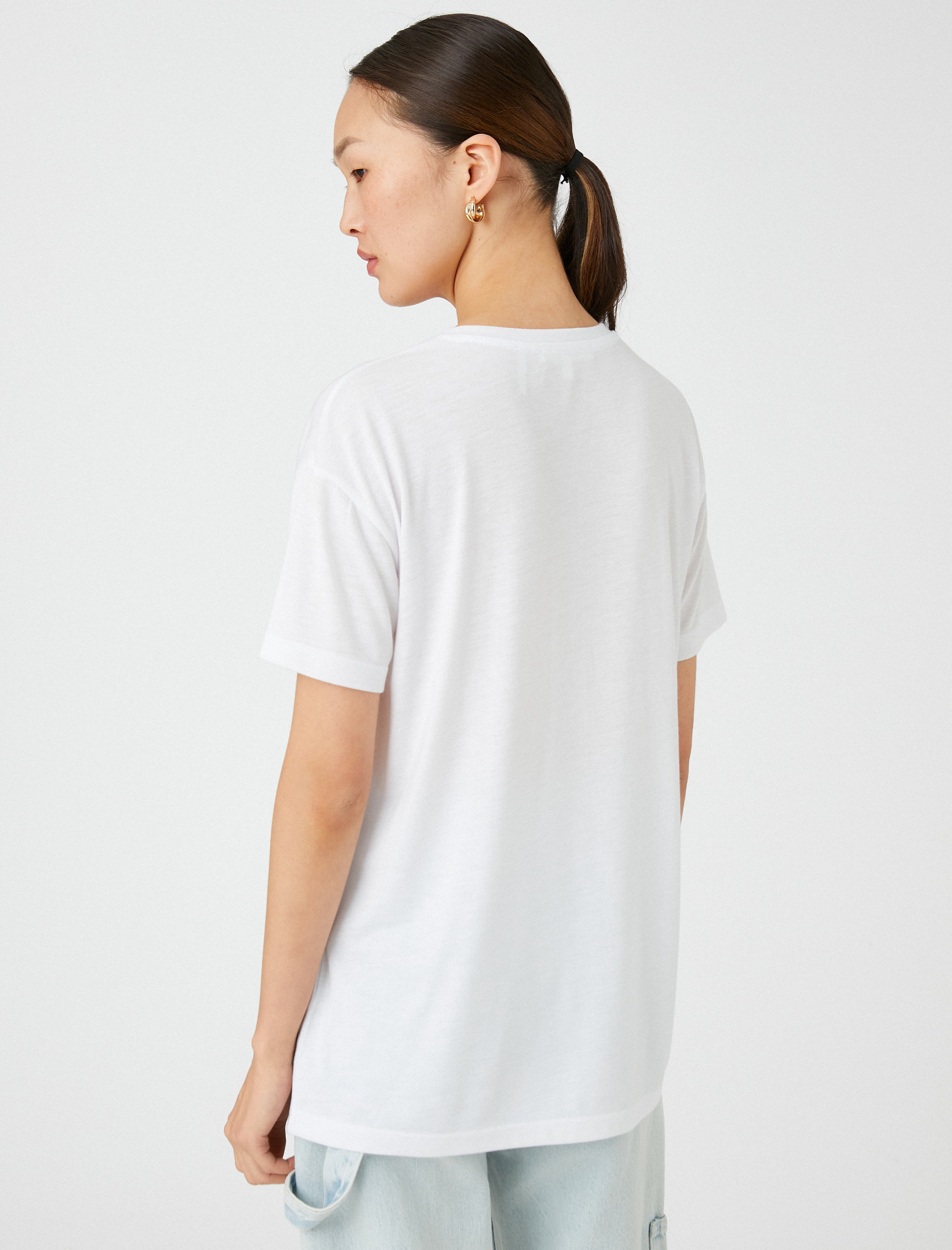   Payetli Yazı Baskılı Tişört Bisiklet Yaka Kısa Kollu