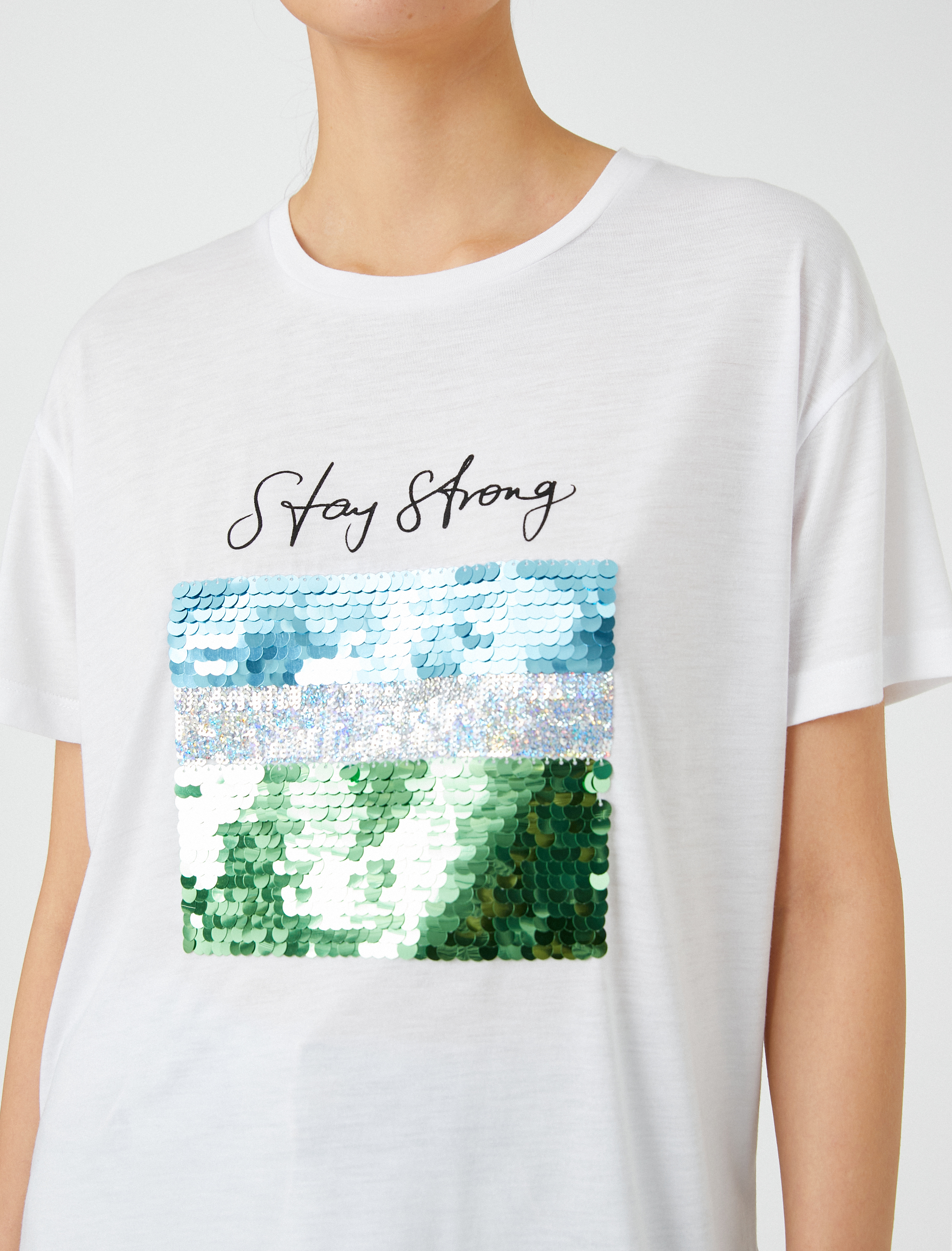   Payetli Yazı Baskılı Tişört Bisiklet Yaka Kısa Kollu