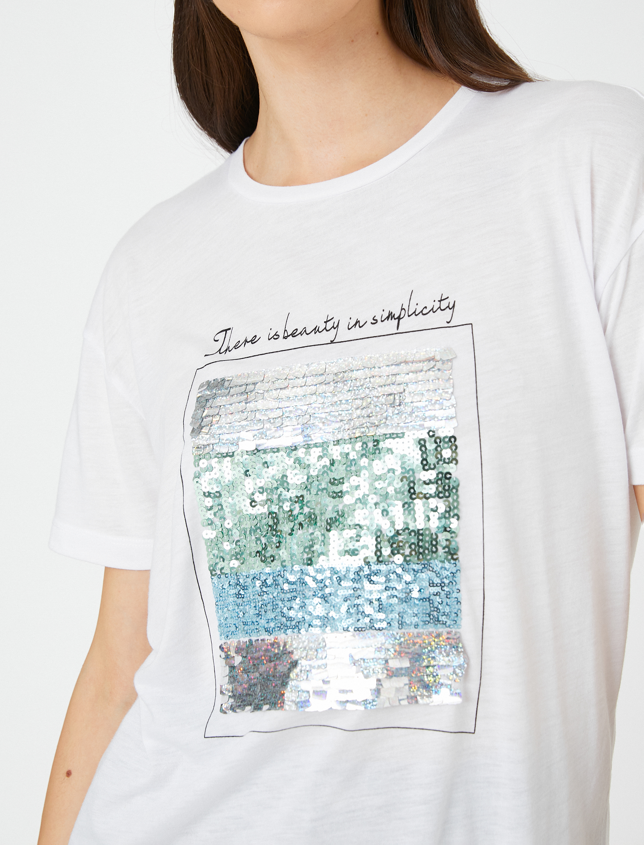   Payetli Yazı Baskılı Tişört Bisiklet Yaka Kısa Kollu