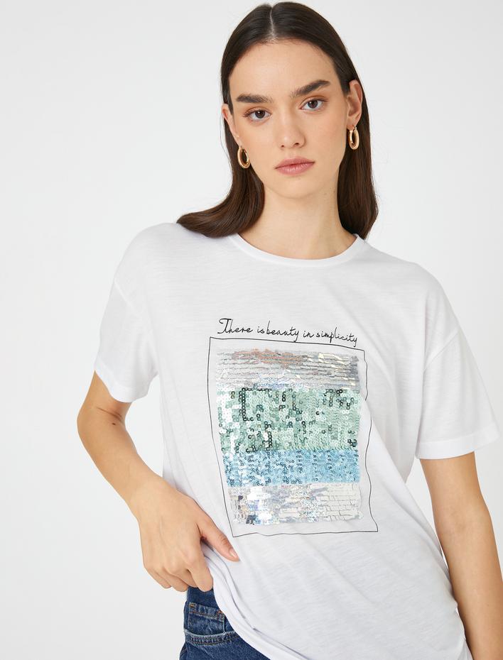  Payetli Yazı Baskılı Tişört Bisiklet Yaka Kısa Kollu