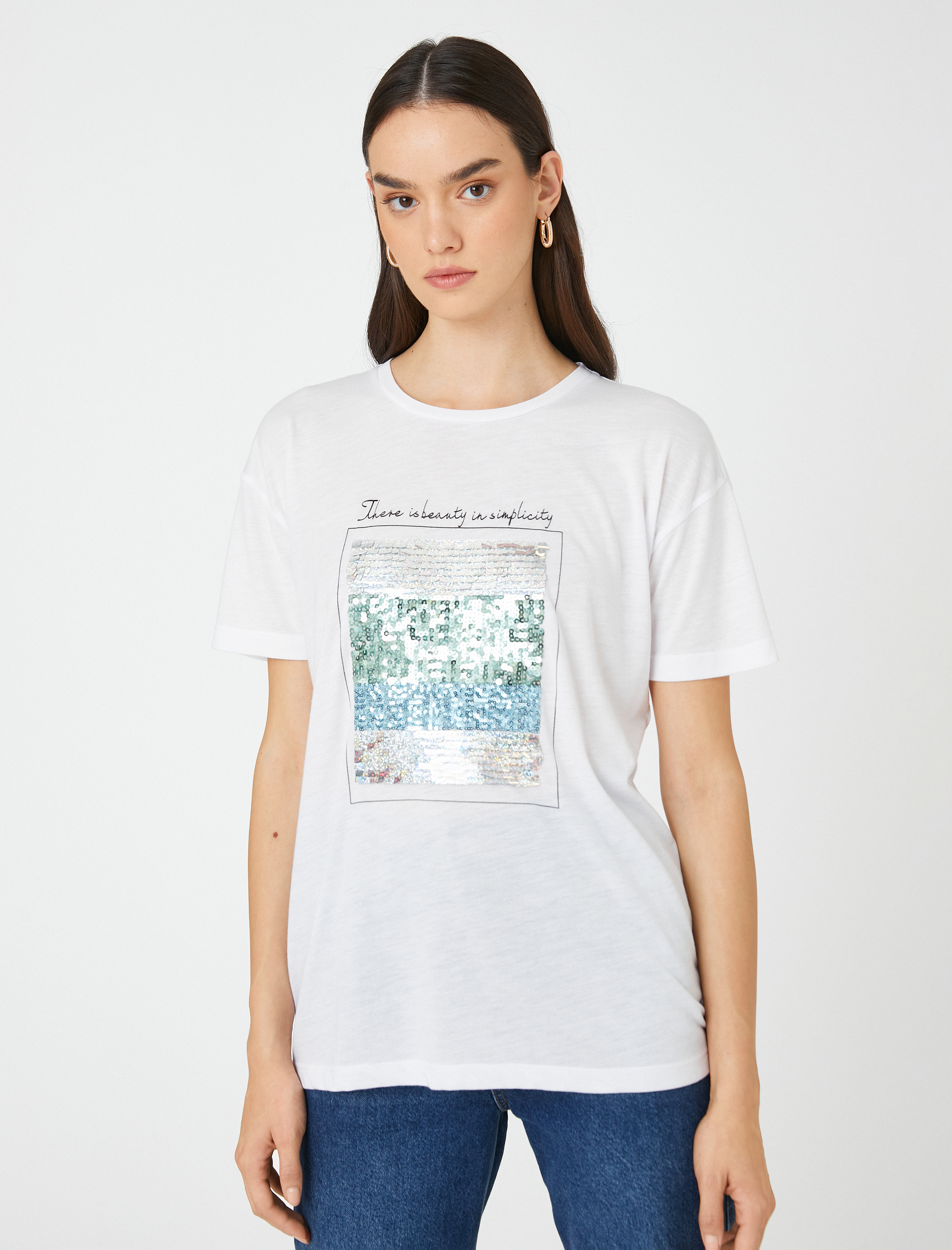   Payetli Yazı Baskılı Tişört Bisiklet Yaka Kısa Kollu