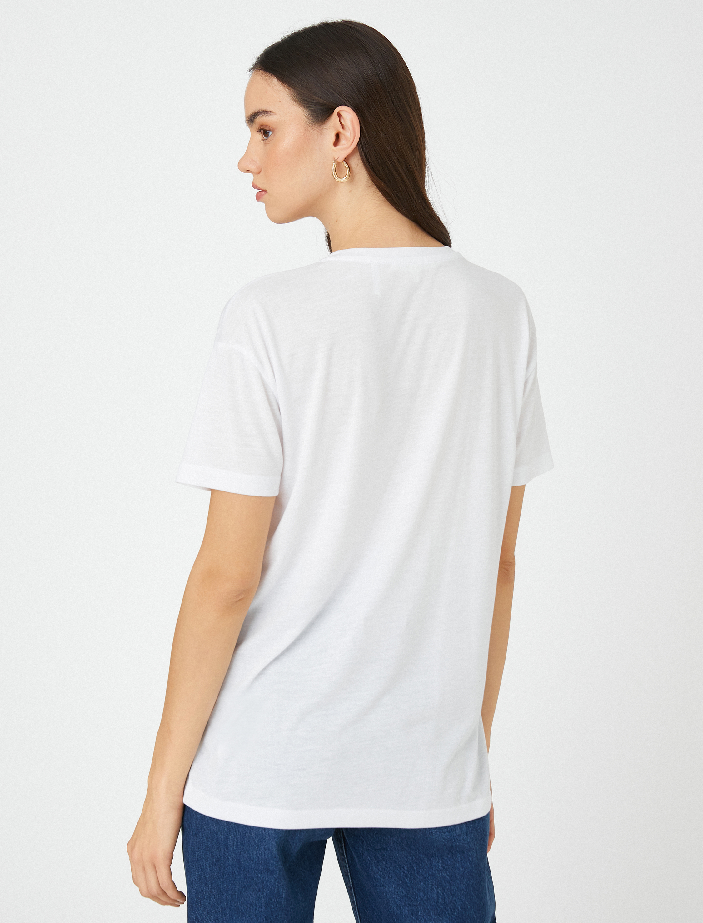   Payetli Yazı Baskılı Tişört Bisiklet Yaka Kısa Kollu