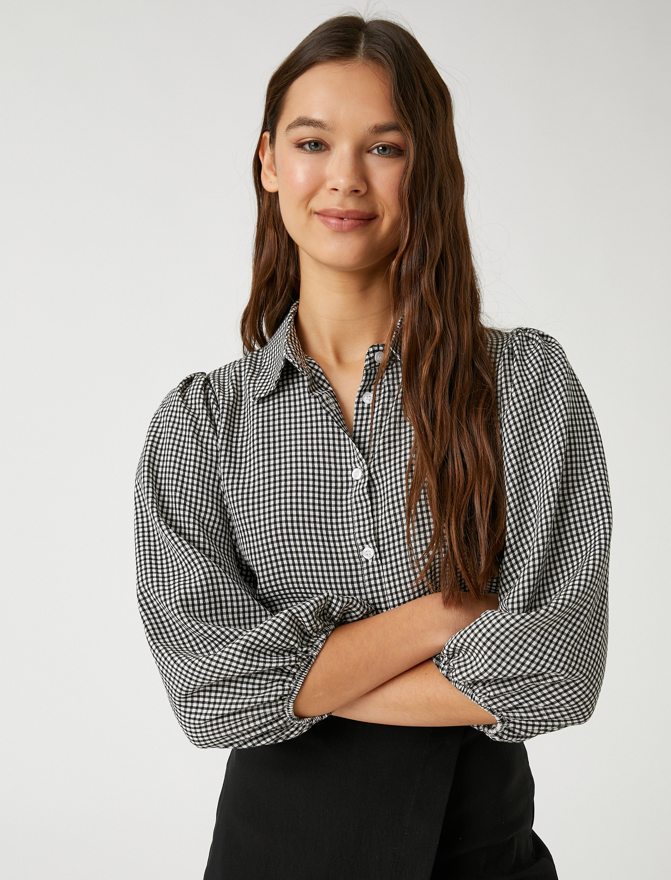   Oversize Gömlek Viskon Balon Kollu Pötikareli Düğmeli