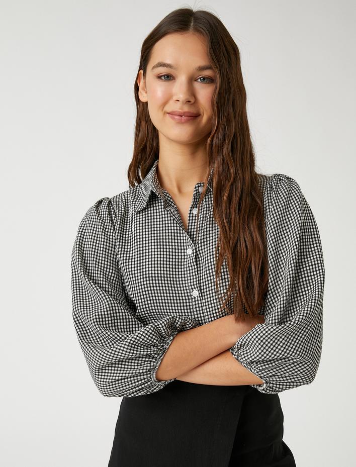  Oversize Gömlek Viskon Balon Kollu Pötikareli Düğmeli