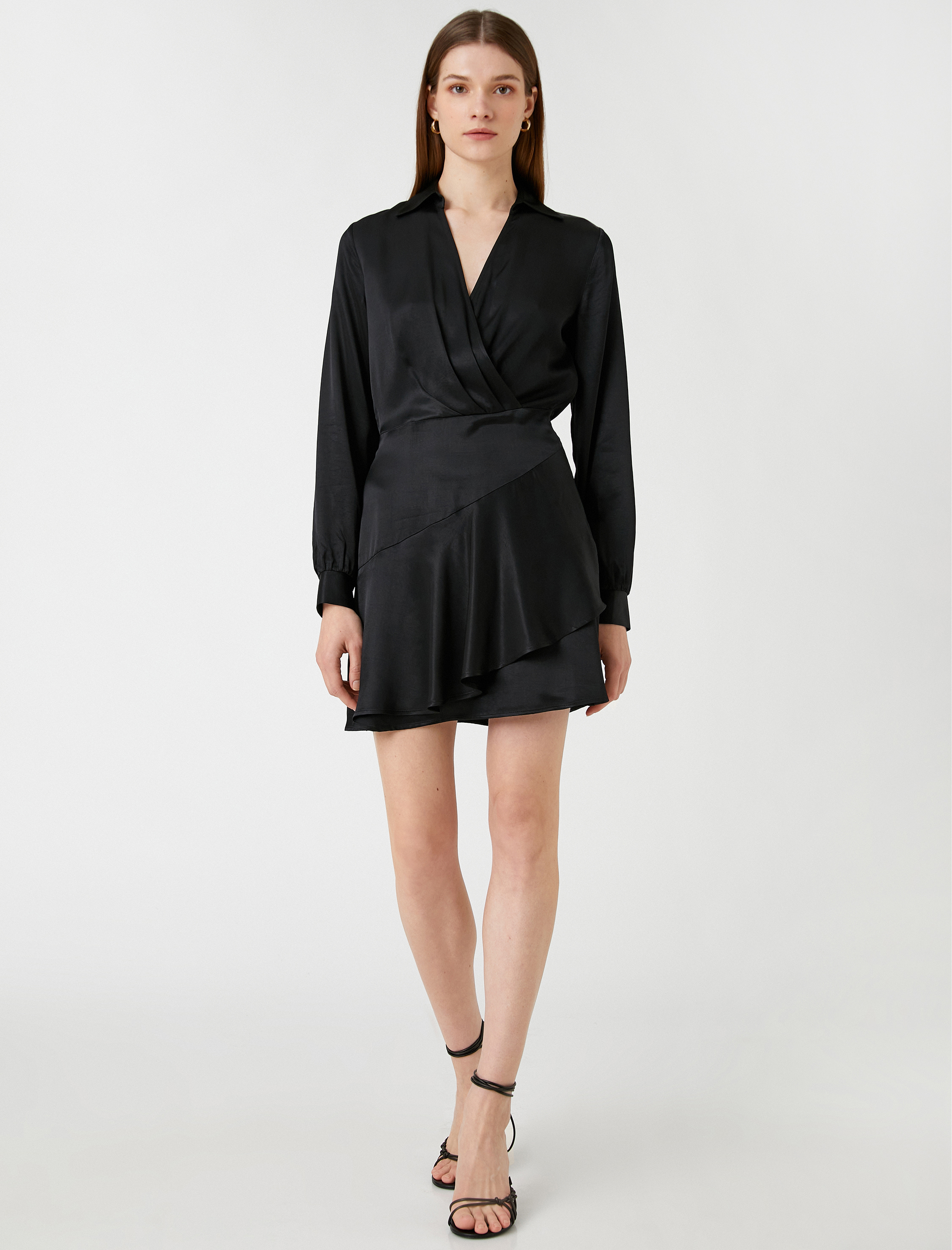   Saten Mini Elbise Gömlek Yaka Volanlı