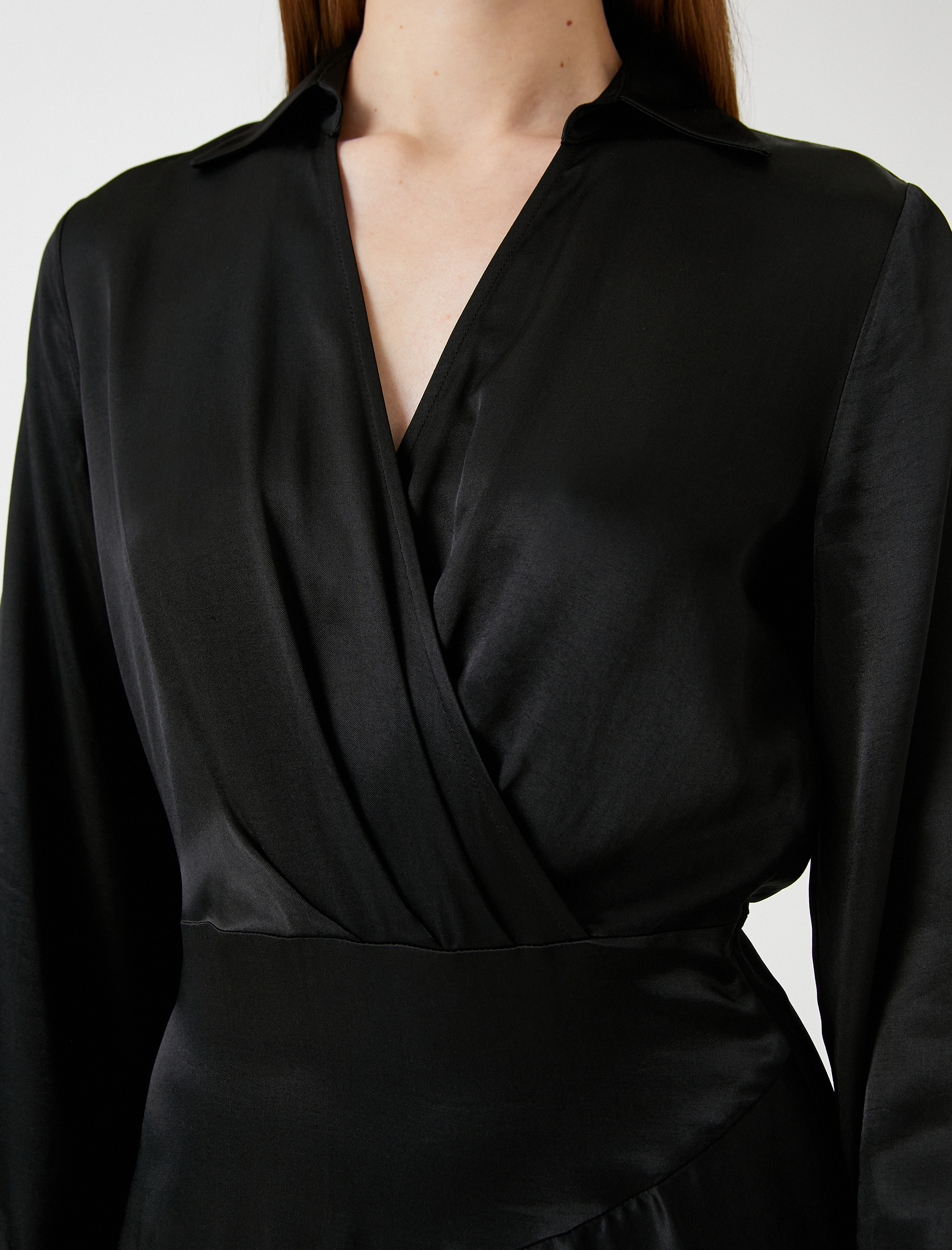   Saten Mini Elbise Gömlek Yaka Volanlı