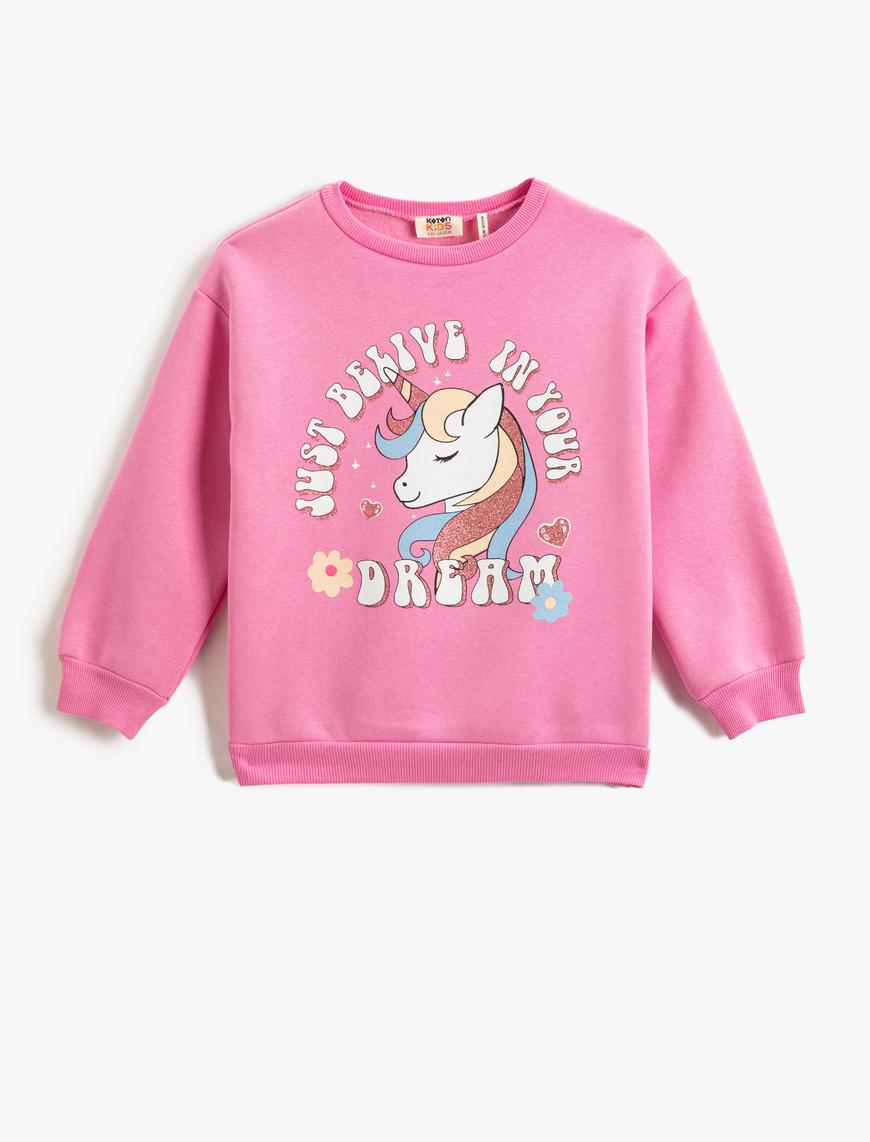 Kız Çocuk Unicorn Baskılı Sweatshirt Simli Oversize Uzun Kollu Bisiklet Yaka Şardonlu