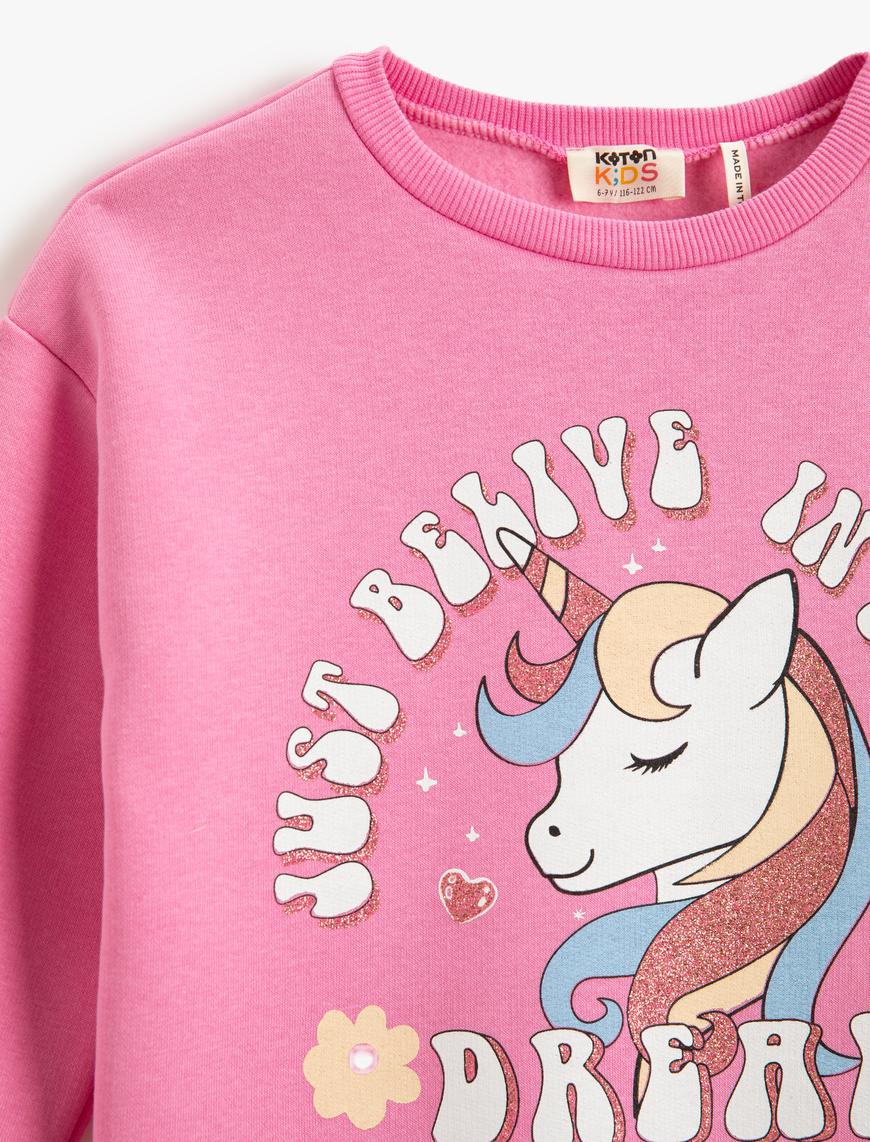  Kız Çocuk Unicorn Baskılı Sweatshirt Simli Oversize Uzun Kollu Bisiklet Yaka Şardonlu
