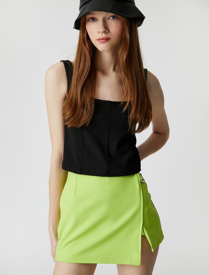  Crop Fitilli Atlet Kare Yaka Nervürlü