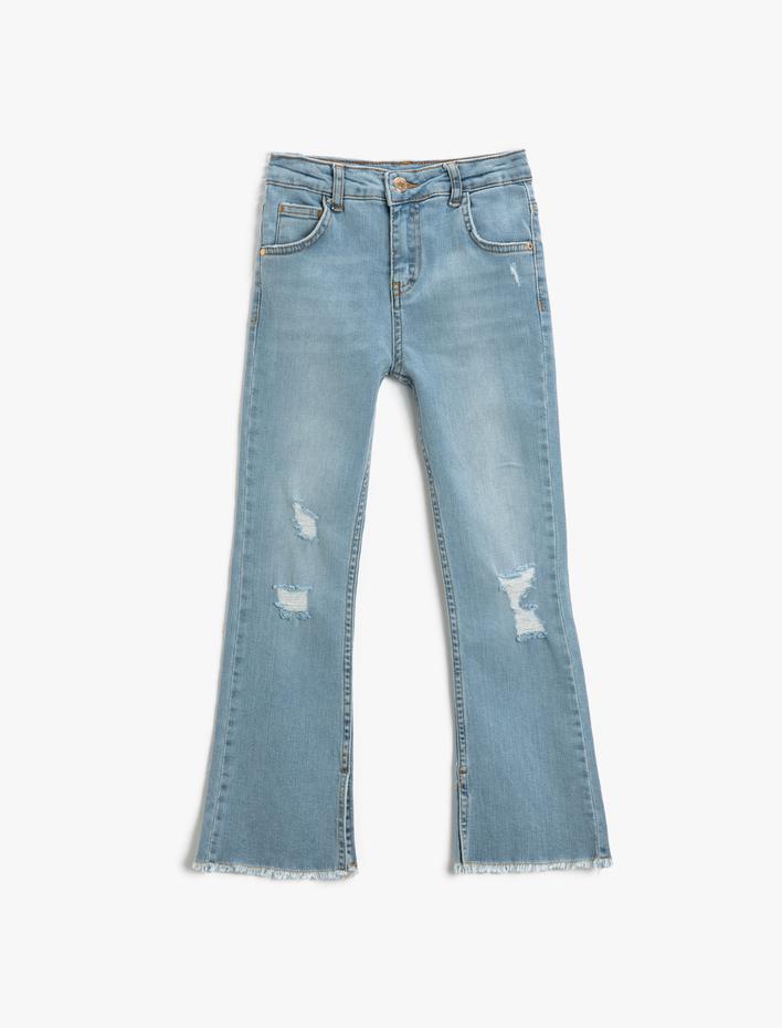Kız Çocuk İspanyol Paça Kot Pantolon Paçası Yırtmaç Detaylı Yıpratılmış - Flare Jean  Beli Ayarlanabilir Lastikli