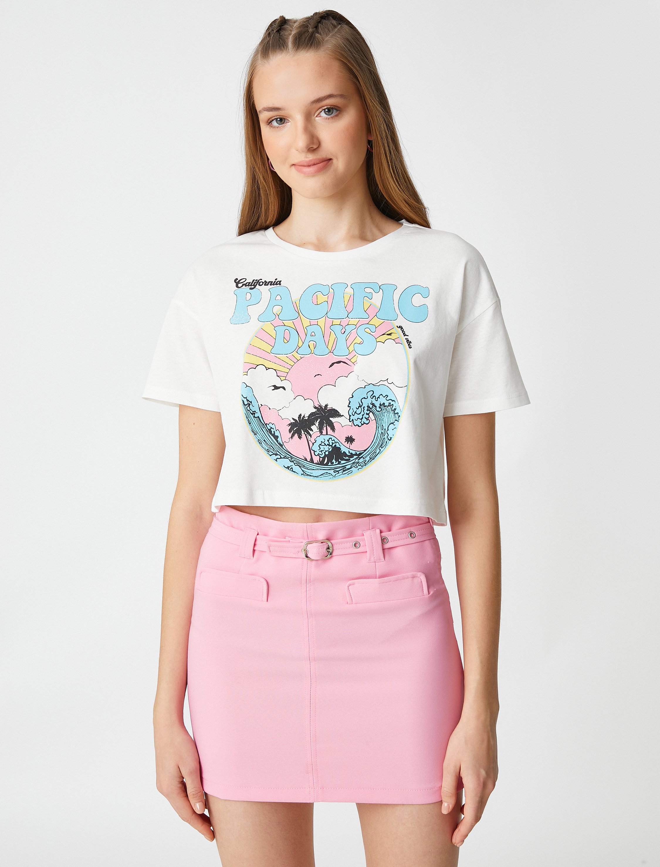   Crop Tişört Kısa Kollu Bisiklet Yaka Baskılı