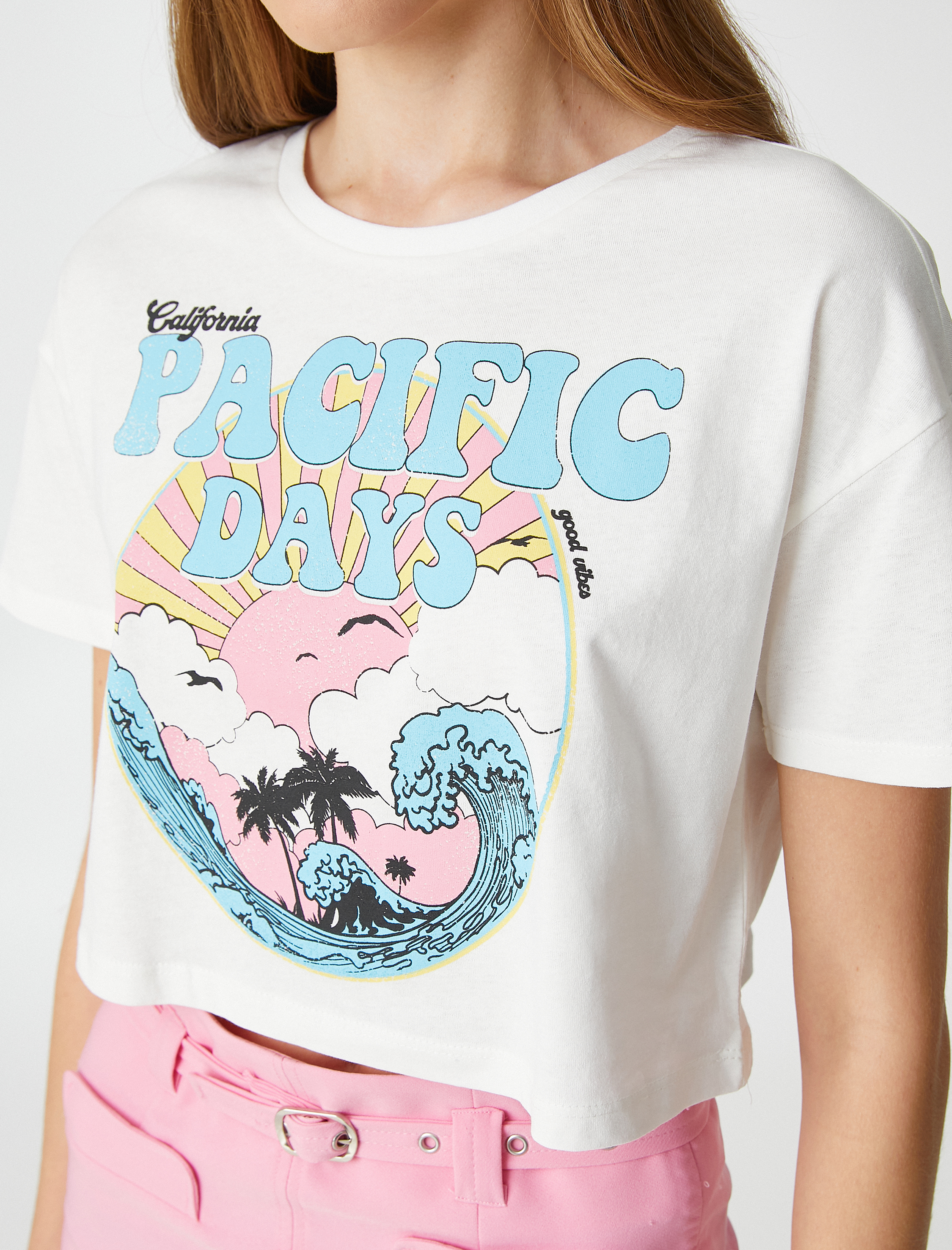   Crop Tişört Kısa Kollu Bisiklet Yaka Baskılı