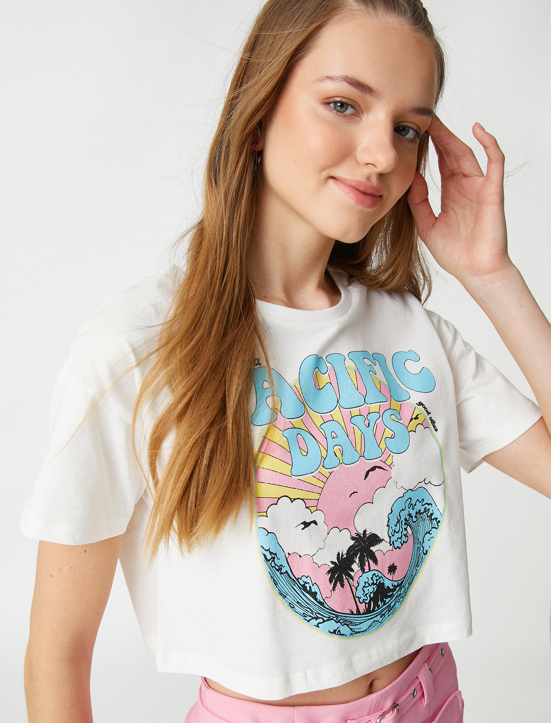   Crop Tişört Kısa Kollu Bisiklet Yaka Baskılı