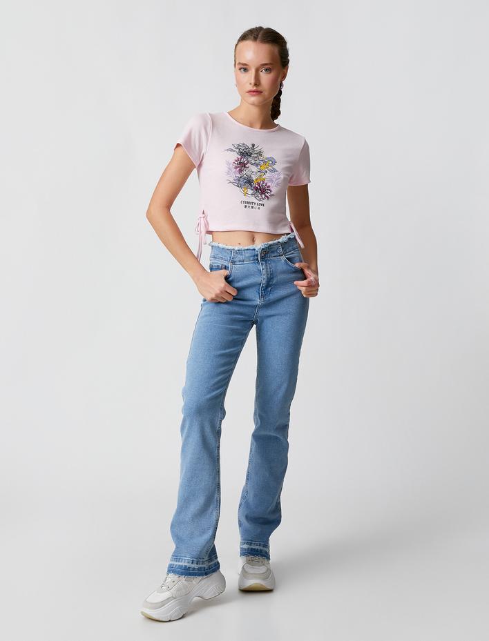  Crop Tişört Baskılı Kısa Kollu Bisiklet Yaka Fitilli