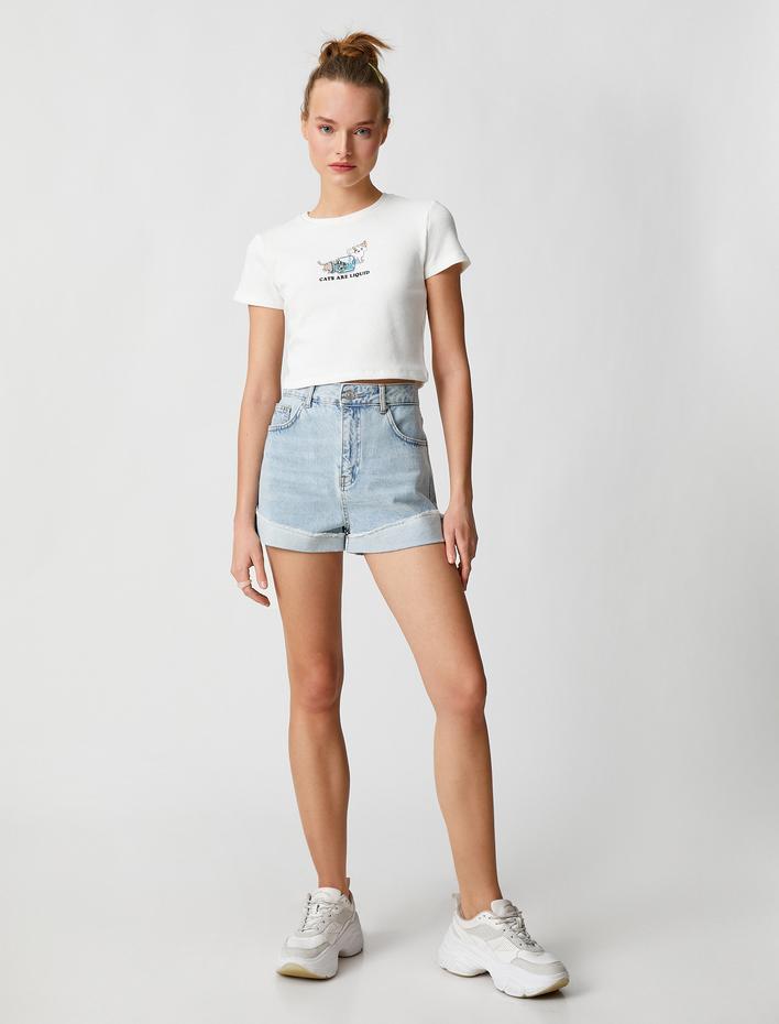  Crop Tişört Baskılı Kısa Kollu Bisiklet Yaka Fitilli