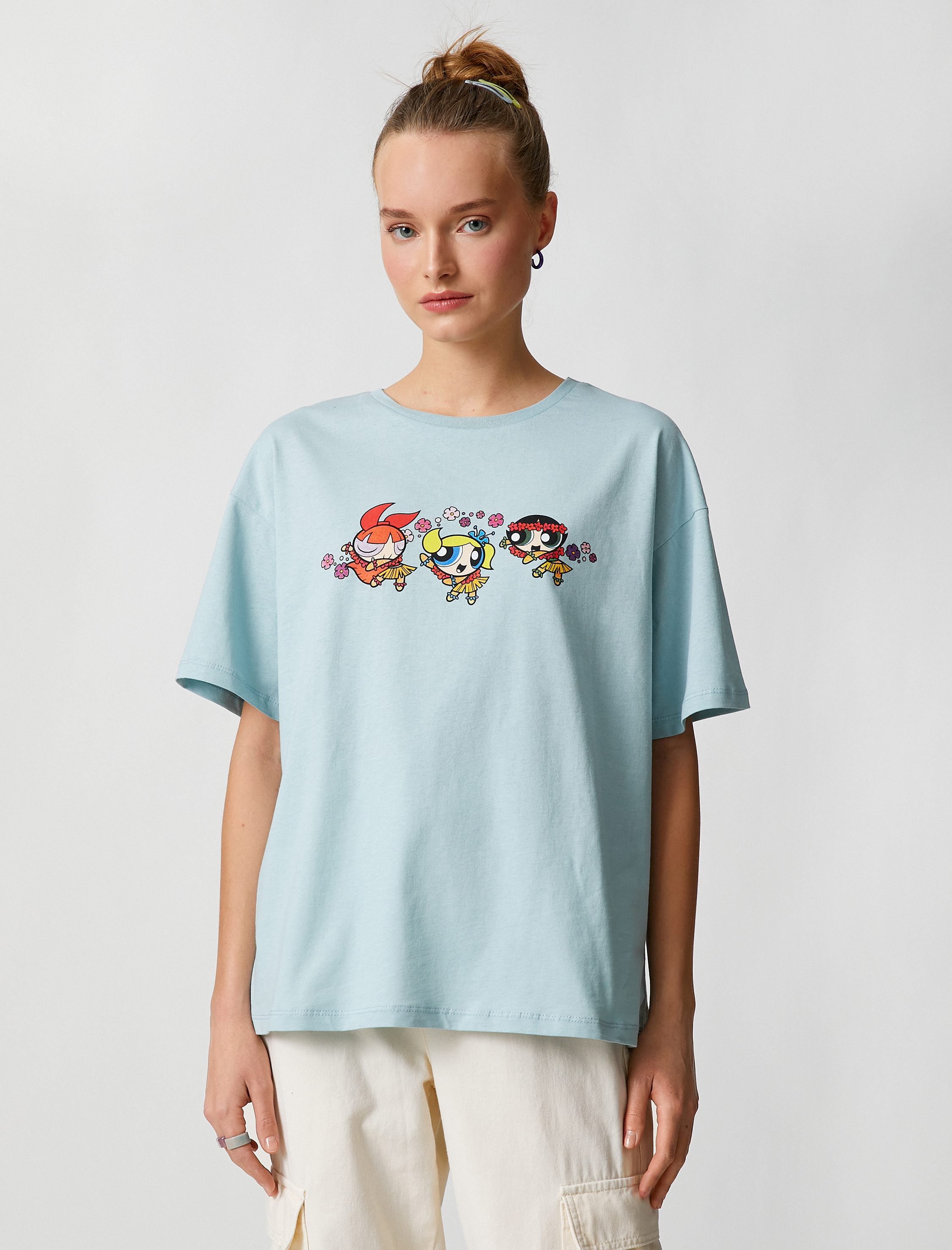   Power Puff Girls Tişört Oversize Lisanslı Sırt Baskılı Bisiklet Yaka Kısa Kollu